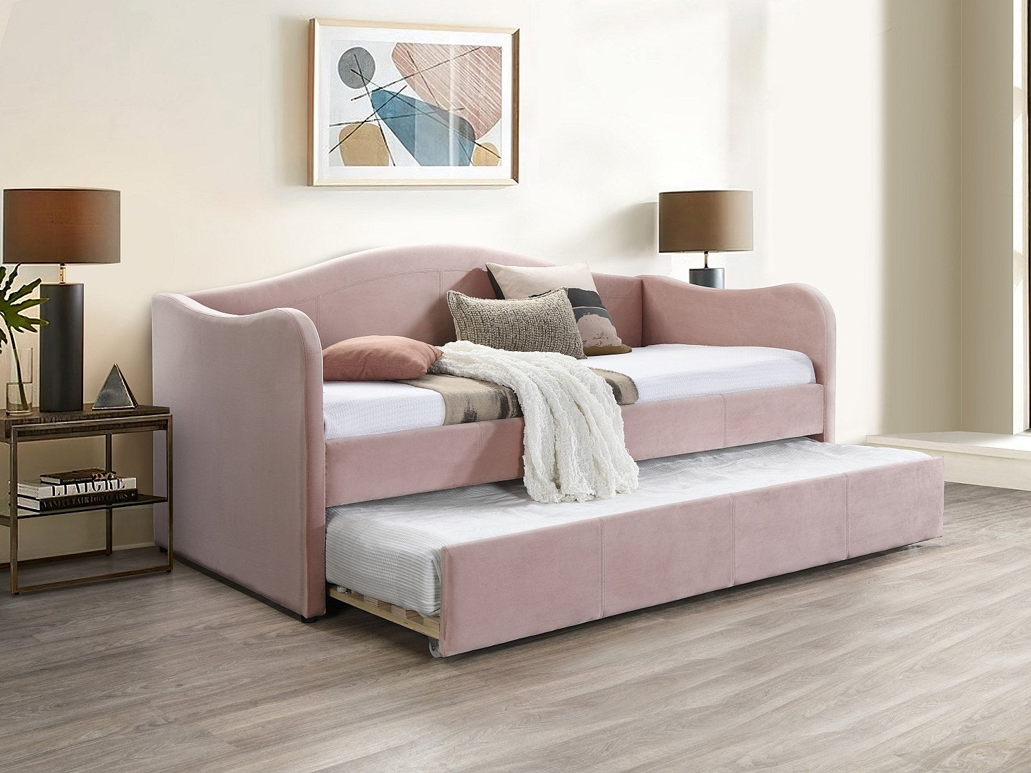 Łóżko dzienne wysuwane 2 x 90 x 190 cm - Welur - Różowy + Materac - MATHILDE