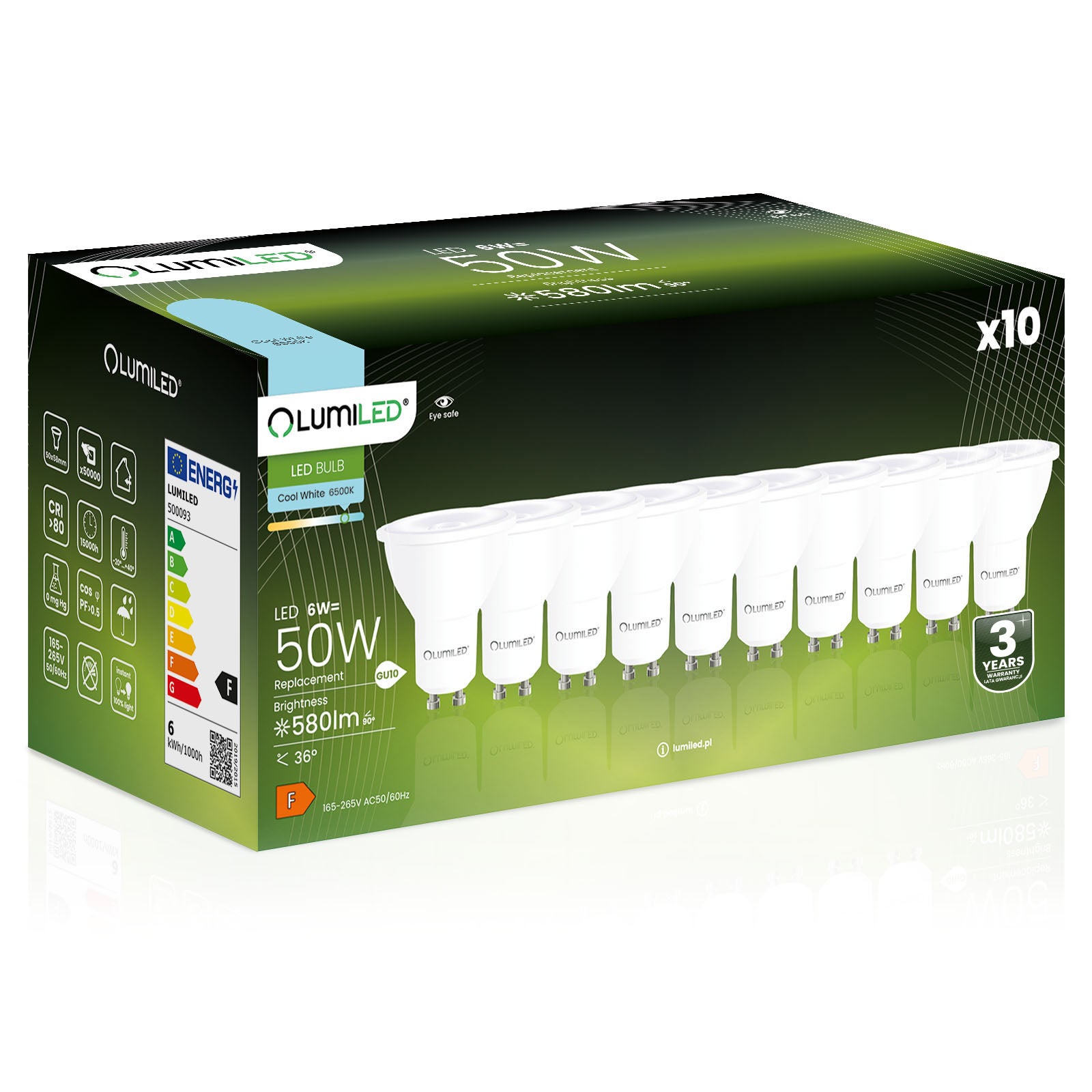 10x Żarówka Lumiled LED GU10 Reflektor PAR16 6W = 50W 580lm 6500K Zimna 36st