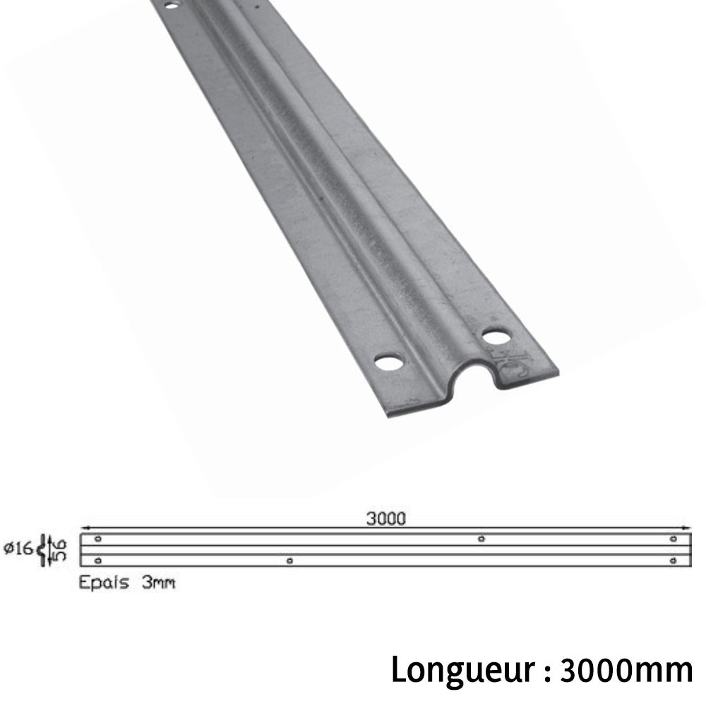 Rail pour portail coulissant à visser au sol - Gorge Ronde de 16mm - Longueur de 3000mm, largeur de 56mm et épaisseur de 3mm - En acier zingué - 2
