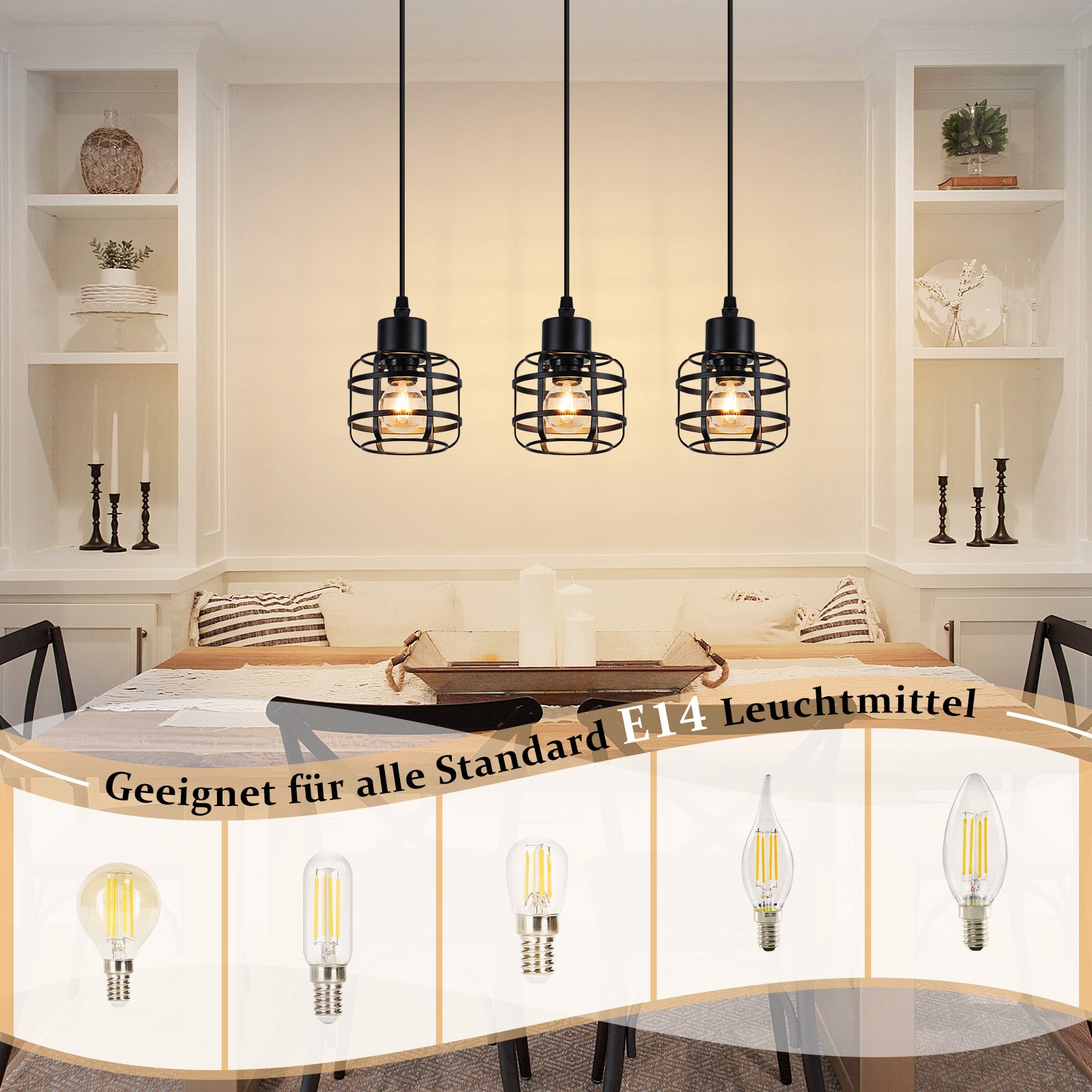 ZMH Lampa wisząca z metalu w stylu vintage, 3 żarówki, gniazdo E14, kolor czarny, regulowana wysokość, żarówka nie jest dołączona - 3