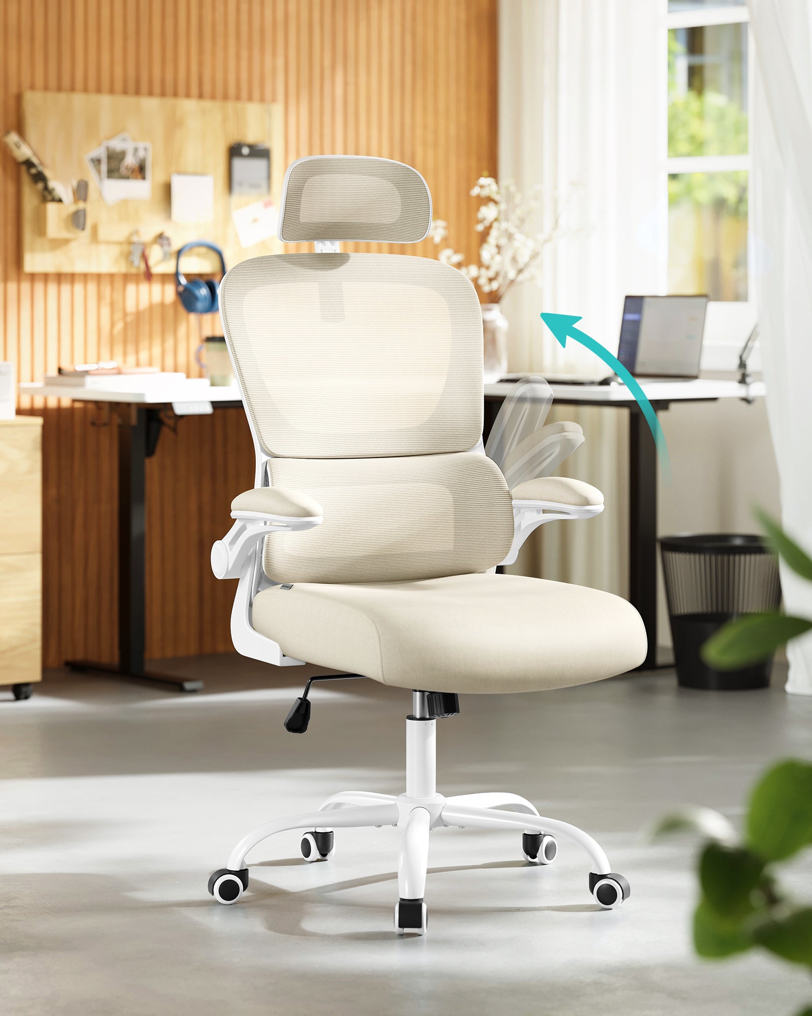 Fauteuil de Bureau, avec Tissu en Maille Double Couche, Accoudoirs Rabattables, Soutien Lombaire et Appui-Tête Réglables, Beige Sable - 2