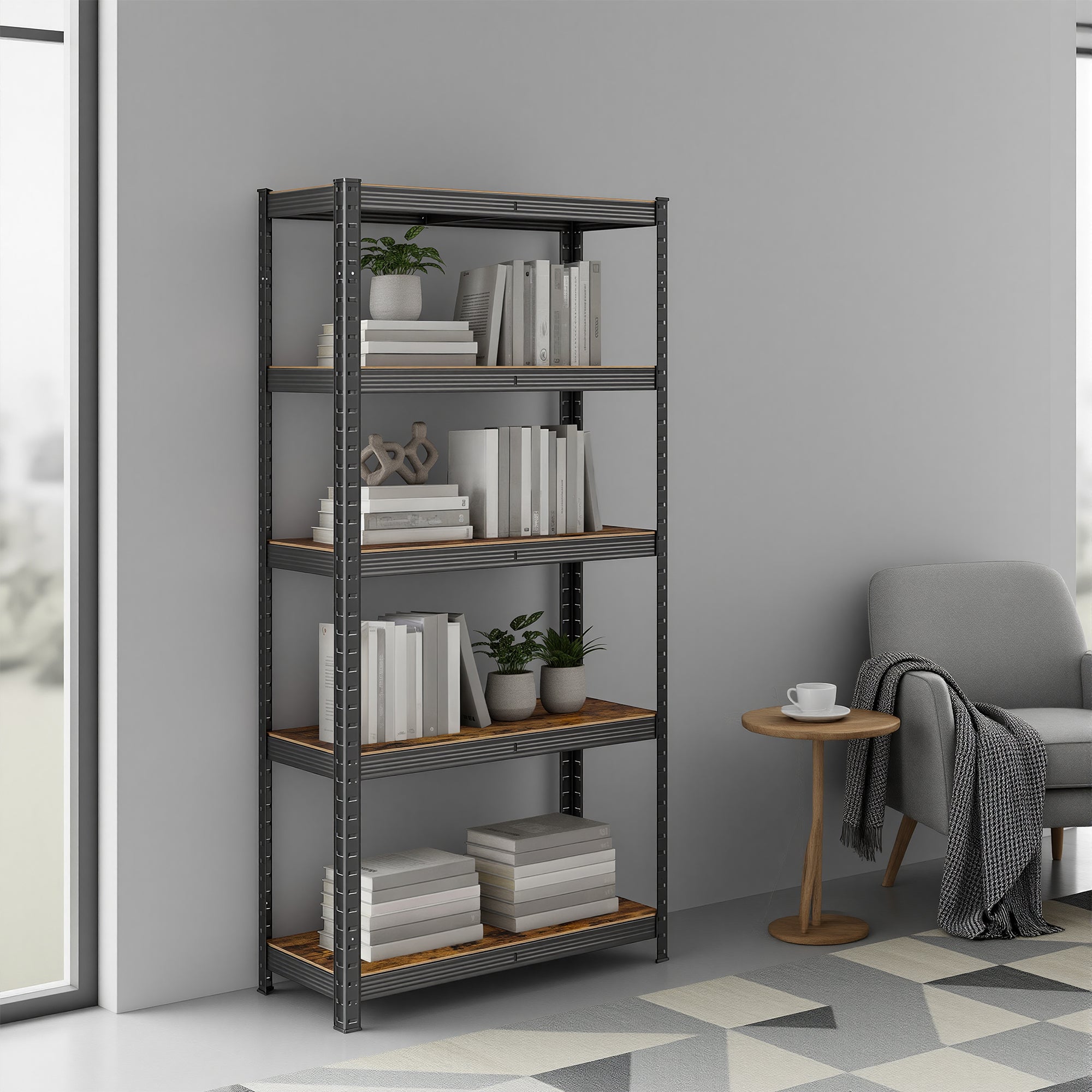 Étagère de rangement, bibliothèque, 5 niveaux, étagère de cuisine, étagères réglables, Marron et noir - 3