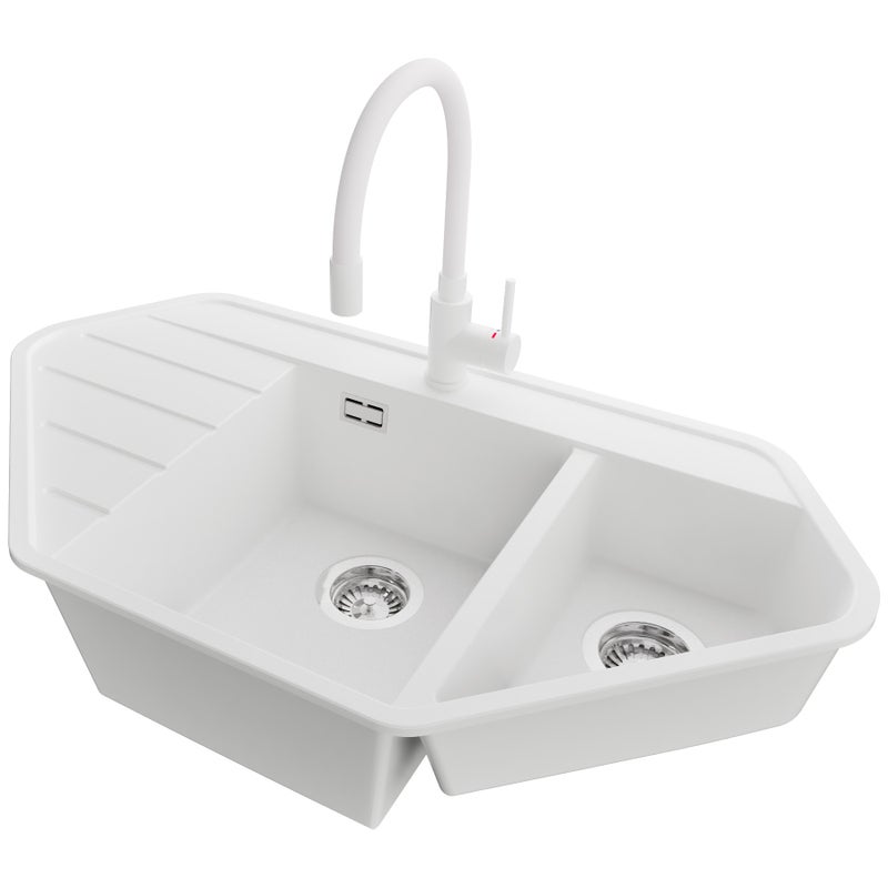 Zlew Granitowy Narożny Biały 90x50cm, Zlew Kuchenny 1,5 Komorowy + Bateria 38x14cm + Syfon, Nablatowy do szafki od 70cm - Kopenhaga Corner PRIMAGRAN