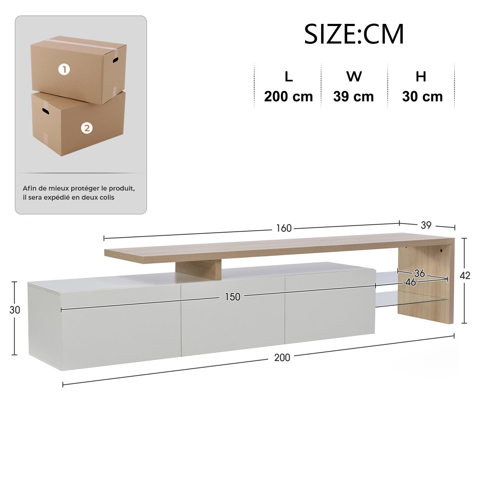 Meuble TV 200 cm, Support pour Téléviseur 75 Pouces, lumières LED variables, design 3 portes, étagères verre, Cadre en Bois, 200x39x42 cm - Blanc - 2