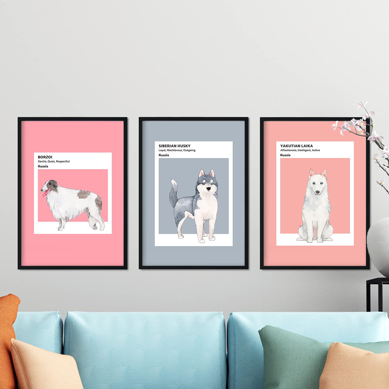 Set de láminas pack rusia. pósteres con ilustraciones de razas de perro en tonos calidos y pastel. sin marco - a3