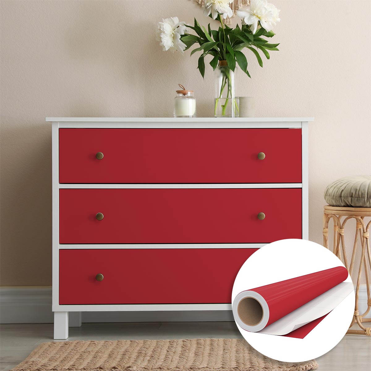 Rotolo adesivo in vinile impermeabile al metro - Adesivo lavabile per cucina, mobili, armadi, porte - 60cmx40m - Rosso ciliegia - 7