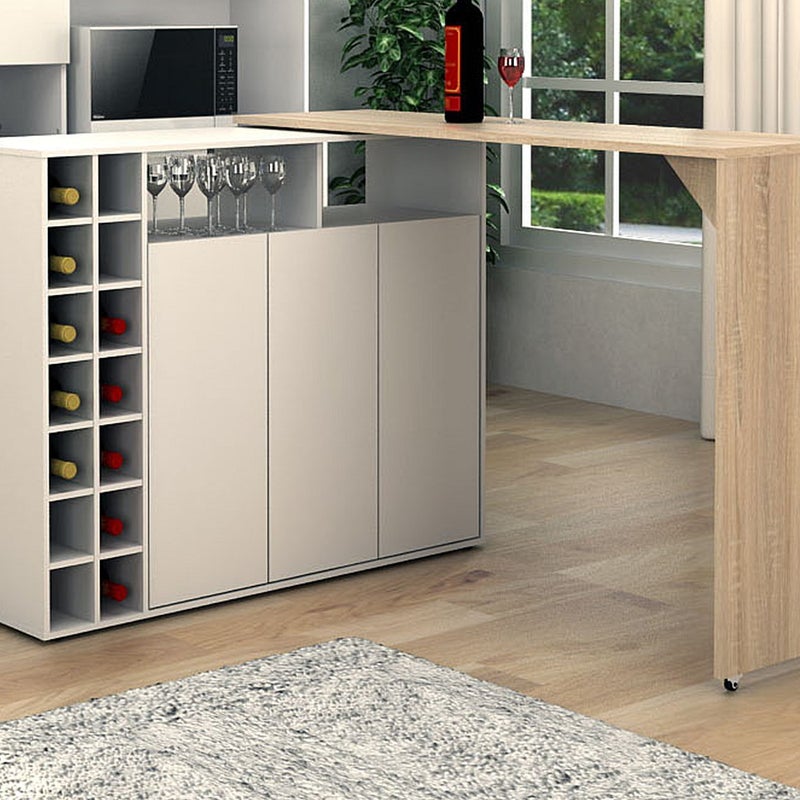 Szafka barowa z przesuwnym blatem i schowkami - Biały i Naturalny - VINALO