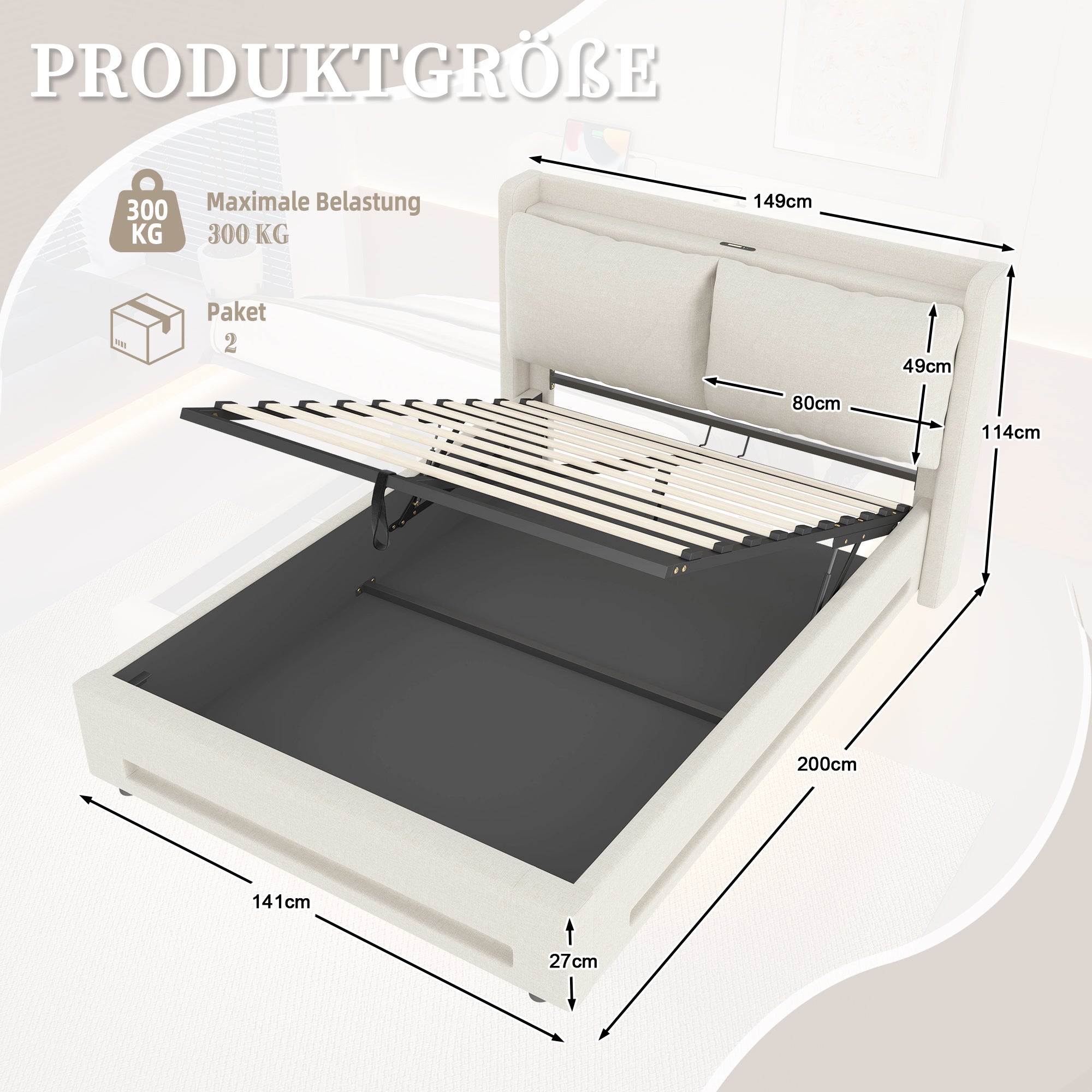 Letto con contenitore 140x190cm testiera USB C luce LED idraulico velluto beige (Sem materasso) - 2