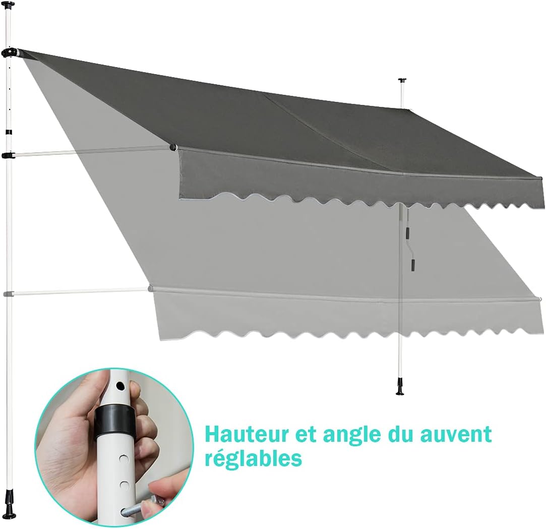 Store Banne Manuel Rétractable 3x1,75M en Aluminium-sans Perçage-Hauteur Réglable 2-3M-Auvent Banne de Balcon sur Pied,Gris - 8