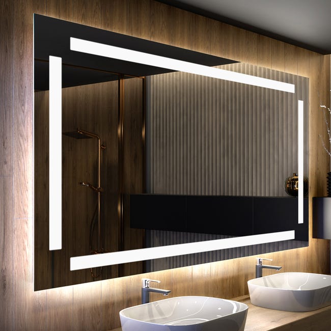Miroir Salle De Bain LED Sur Mesure - 120x80 Cm - Éclairage Intégré, Bluetooth, Météo - Fabriqué En Europe