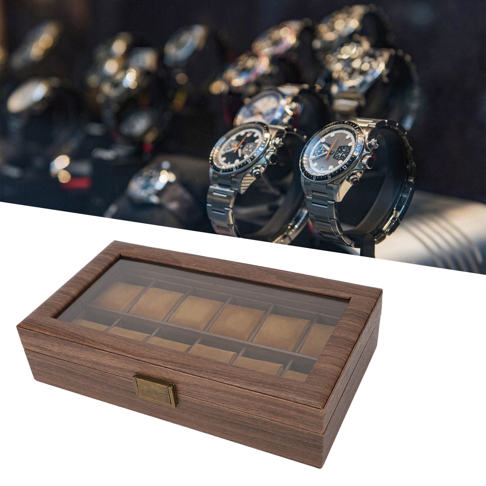Boîte de rangement pour montres 12 compartiments en grain de bois, étui de rangement de luxe, intérieur en cuir PU ultra lisse - 2