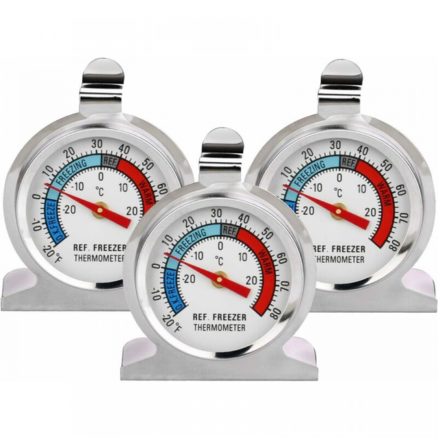 Lot de 3 thermomètres de réfrigérateur à grand cadran en acier inoxydable pour congélateur et réfrigérateur avec crochet et support