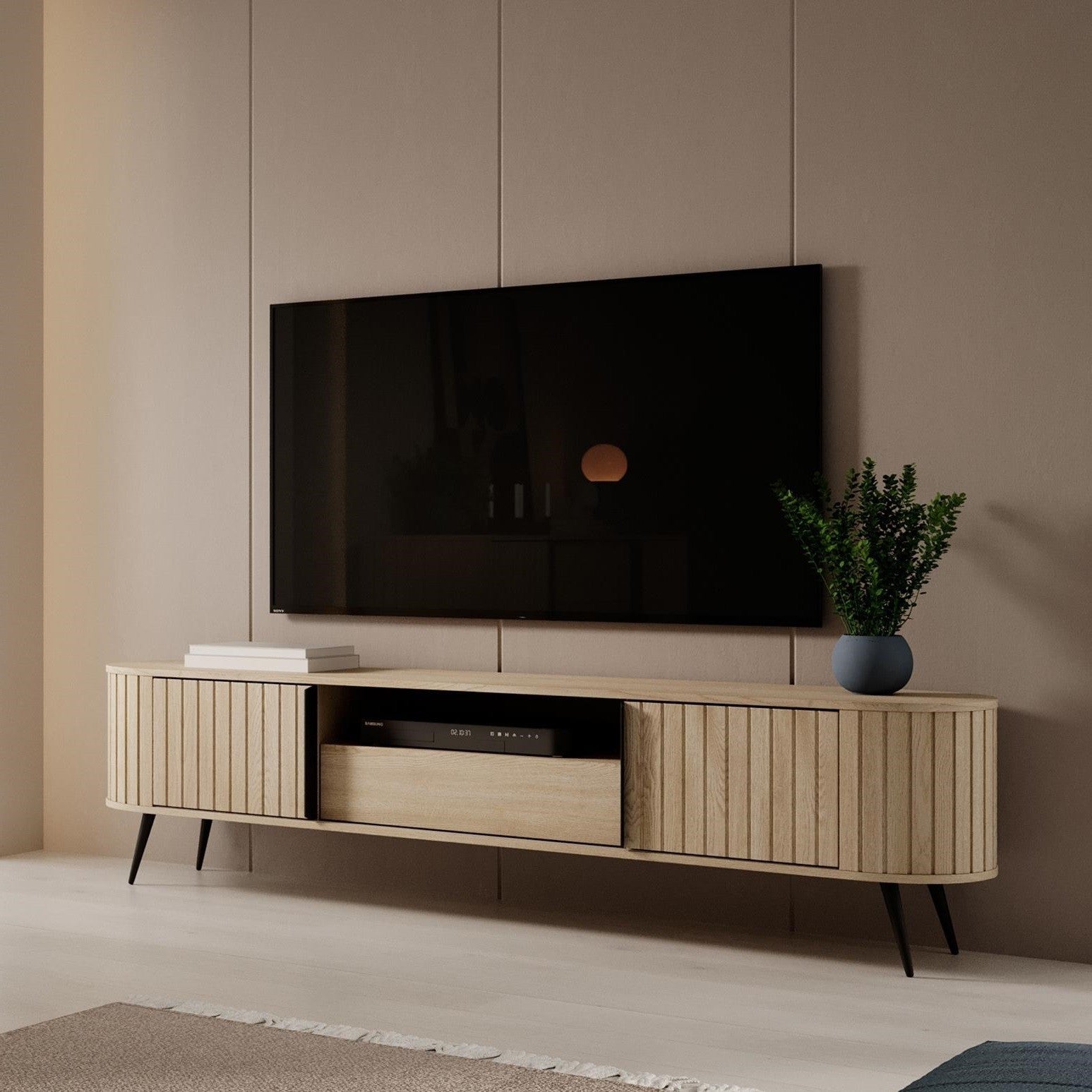 Stolik RTV RIVO 196 cm - szafka TV w kolorze dąb cremona z ryflowanymi frontami - 2