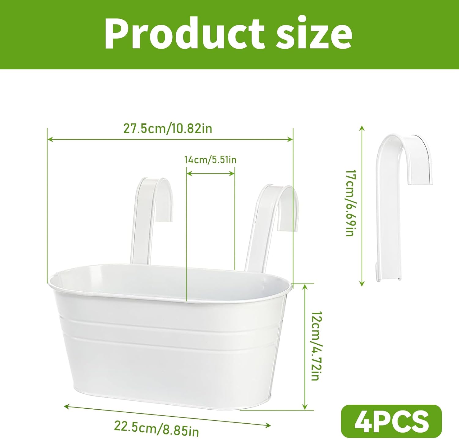 4 Pièces (Blanc) Pots de Fleurs à Suspendre en Métal, Grandes Pot Suspendu, Jardiniere Balcon 27 cm, avec Trou de Drainage, pour Clôture de Balcon, - 2