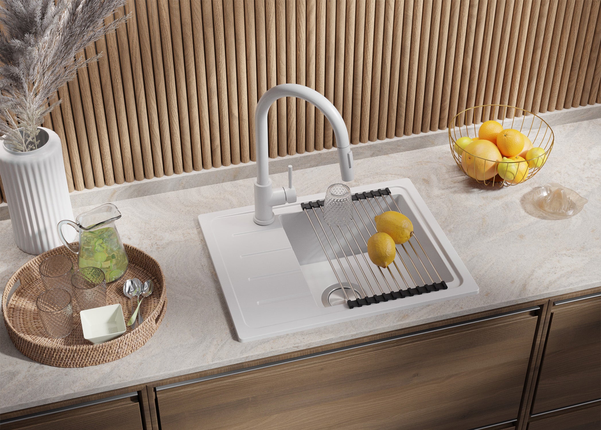 Evier Cuisine en Granit Blanc 55x44cm, Lavabo 1 bac + Kit de Vidage, Évier à Encastrer au meuble 45cm - Copenhague Easy PRIMAGRAN - 2