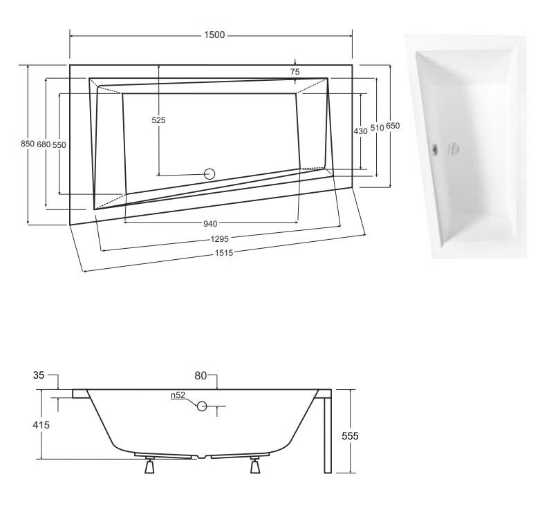 Baignoire asymétrique de 150 x 85 cm - Blanc - Gauche - avec Repose Tête OFFERT - INTIMA - 4