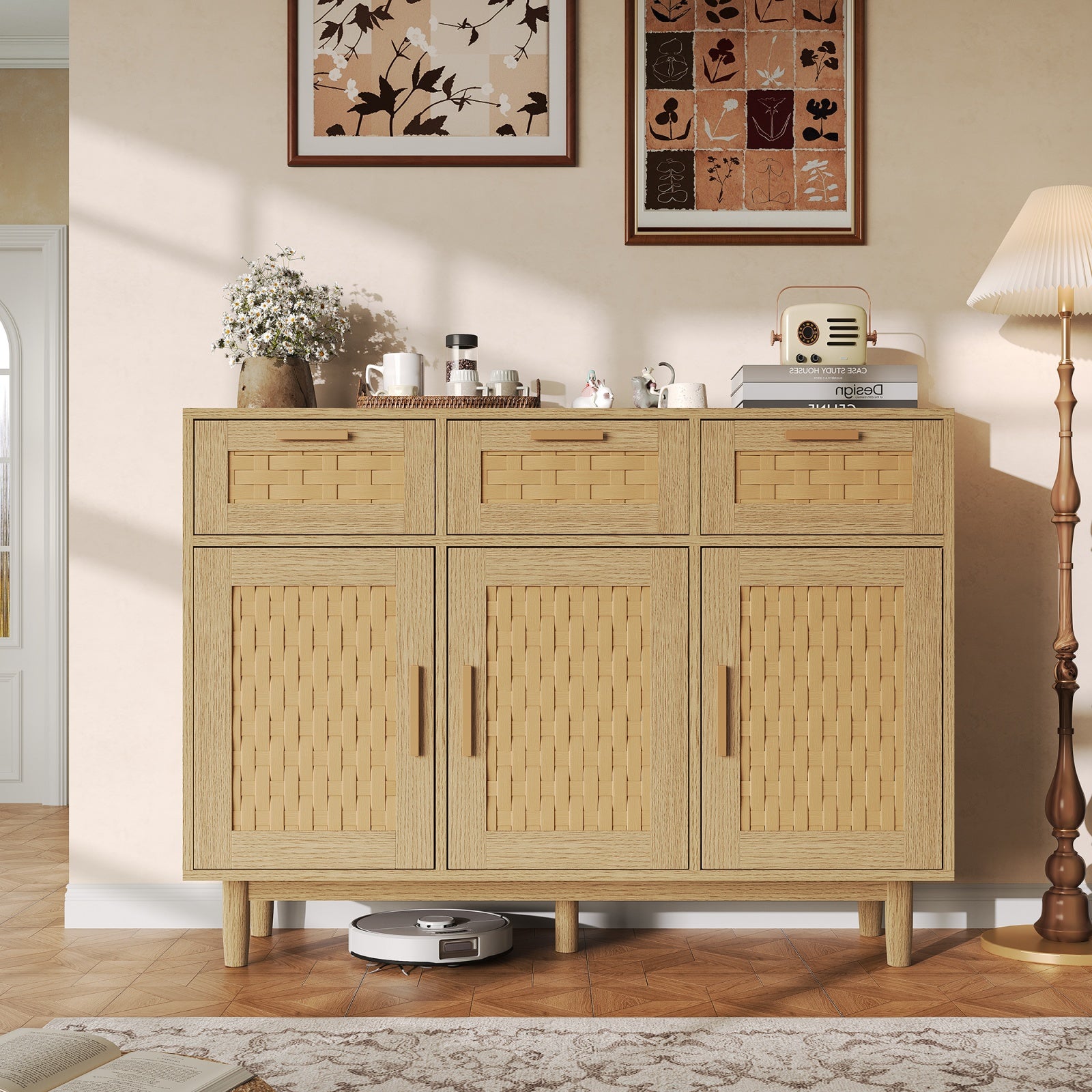 Commode 3 Tiroirs et 3 Portes en Rotin Tressé, Style Vintage Rustique ...