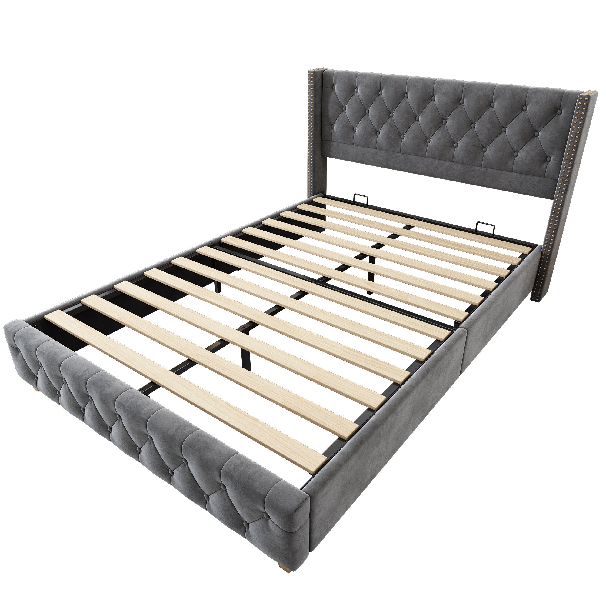 Lit Double 140x190 cm - Lit Classique Gris en Velours avec 12 Lattes - Sans Matelas, 2 Paquets - 5