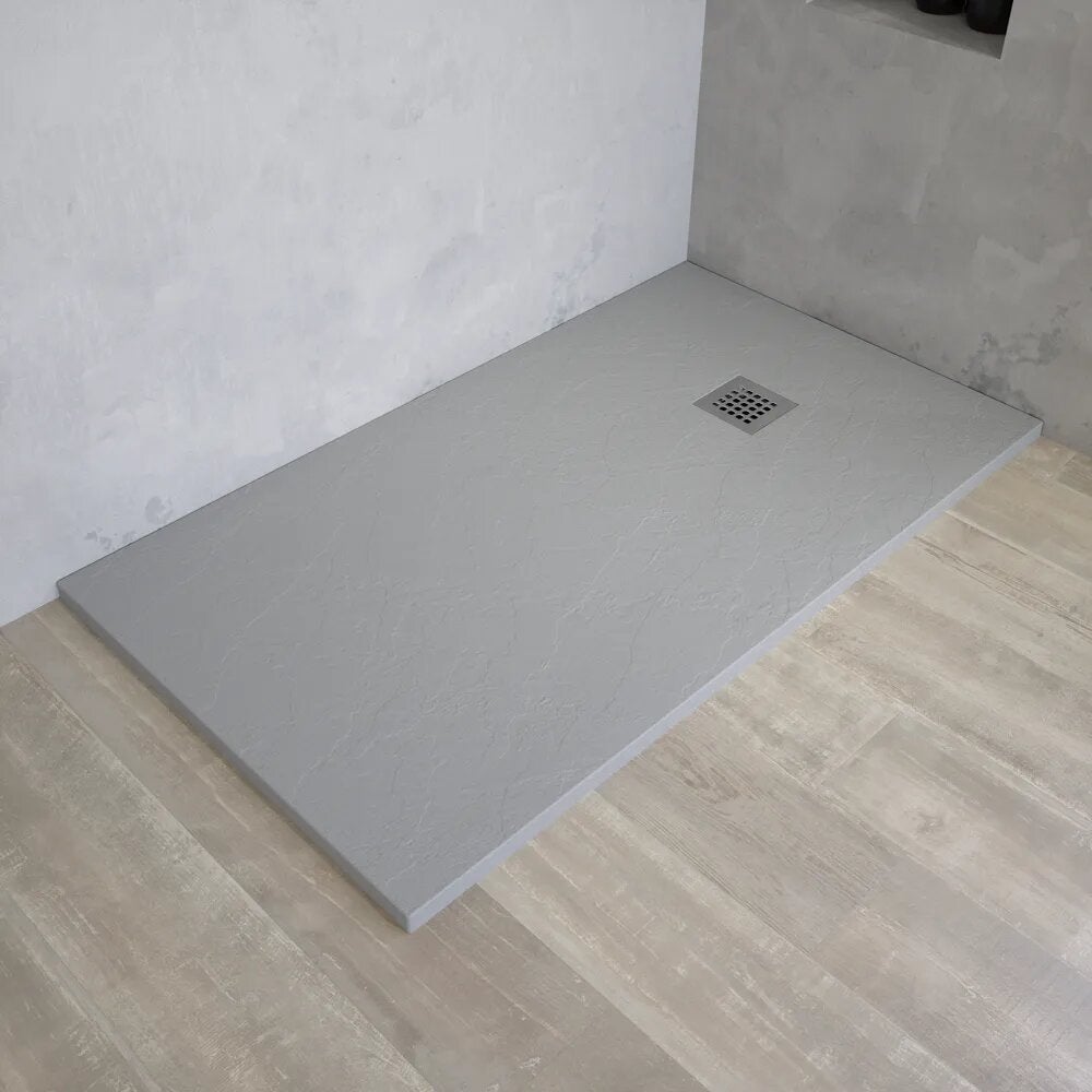 Plato de ducha rectangular de 90 x 180 cm en resina de mármol gris claro con efecto piedra, h 3 cm | milos