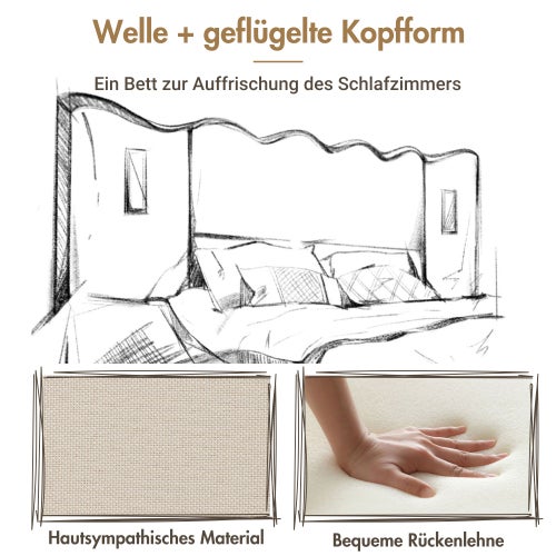 Lit double 180×200 avec rangement, lampe de lecture 360°, ports USB & Type-C, cadre en lin et bois massif, beige (sans matelas) - 8