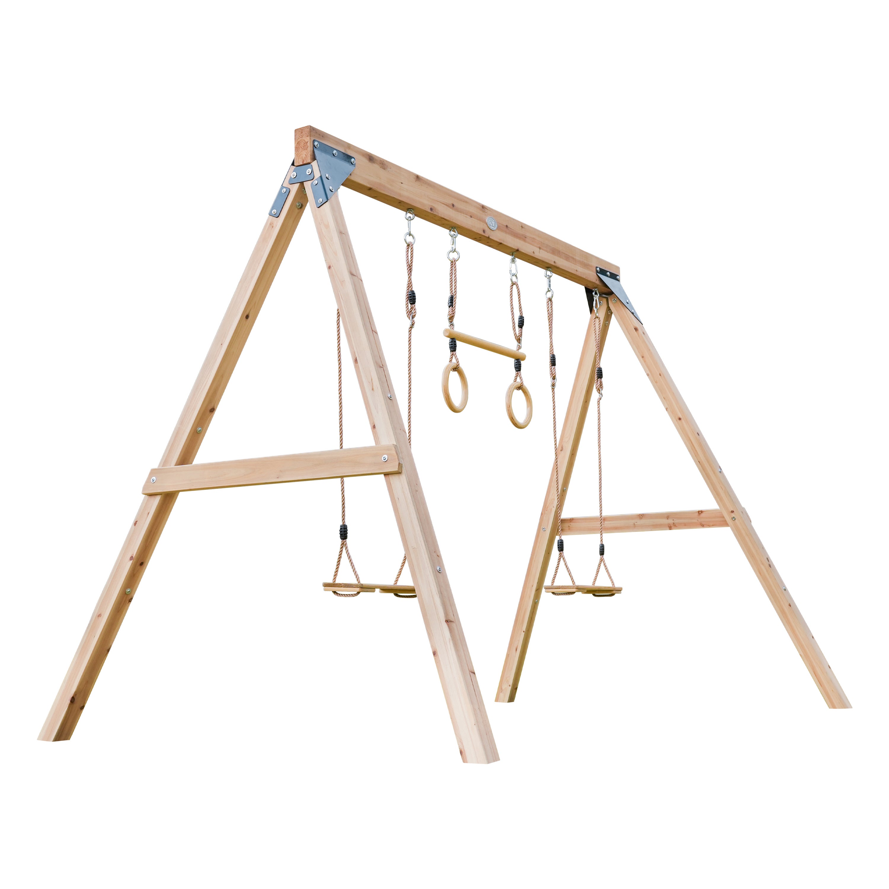 AXI Maya Balançoire Double en Bois FSC Marron avec Trapèze - Portique autoportant avec 2 sièges - Pour enfants avec Trapèze - Garantie 10 ans - 2