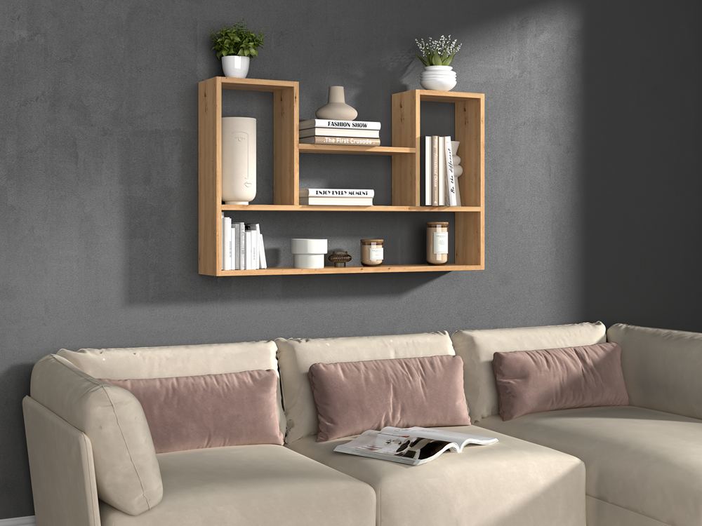LULU - Bibliothèque à suspendre - Etagère murale - 100x60x16 cm - Rangement mural salon - Chêne - 4