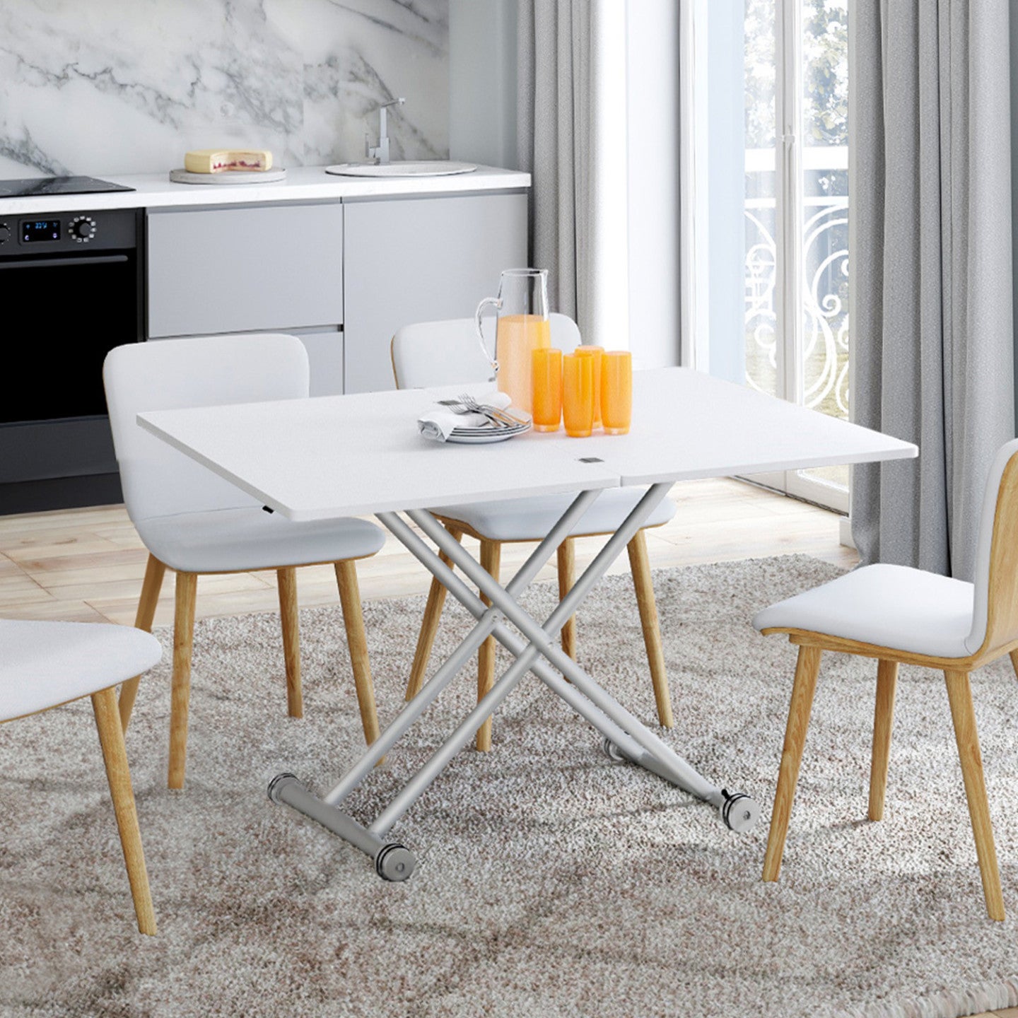 Table basse 2 en 1 relevable en table à manger rectangulaire URBANA 100 cm blanc pied chrome - 5