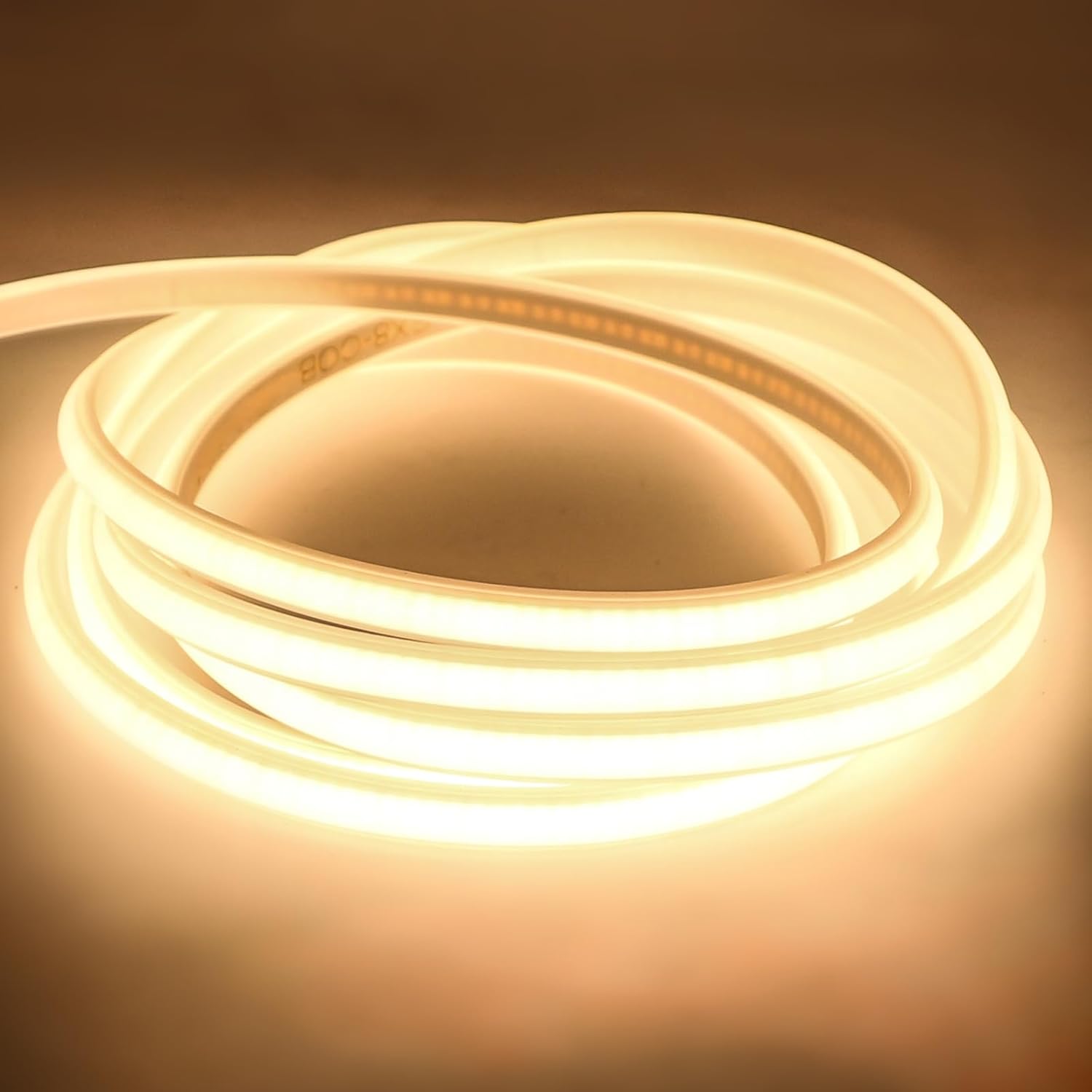 Tira de luz led autoadhesiva cob 25m 220v - 288 led/m blanco cálido, ip65, enchufe con interruptor, ideal para interior y exterior