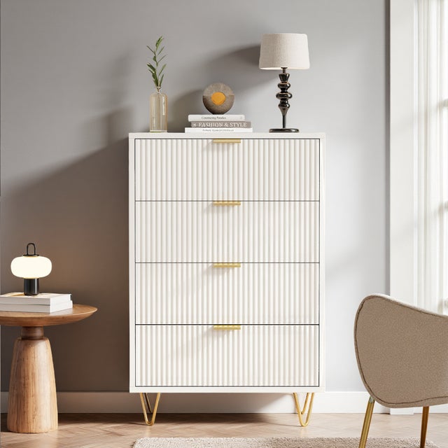 Cassettiera a 4 cassetti, mobile contenitore in legno, maniglia e gambe dorate, 60 x 34 x 91 cm