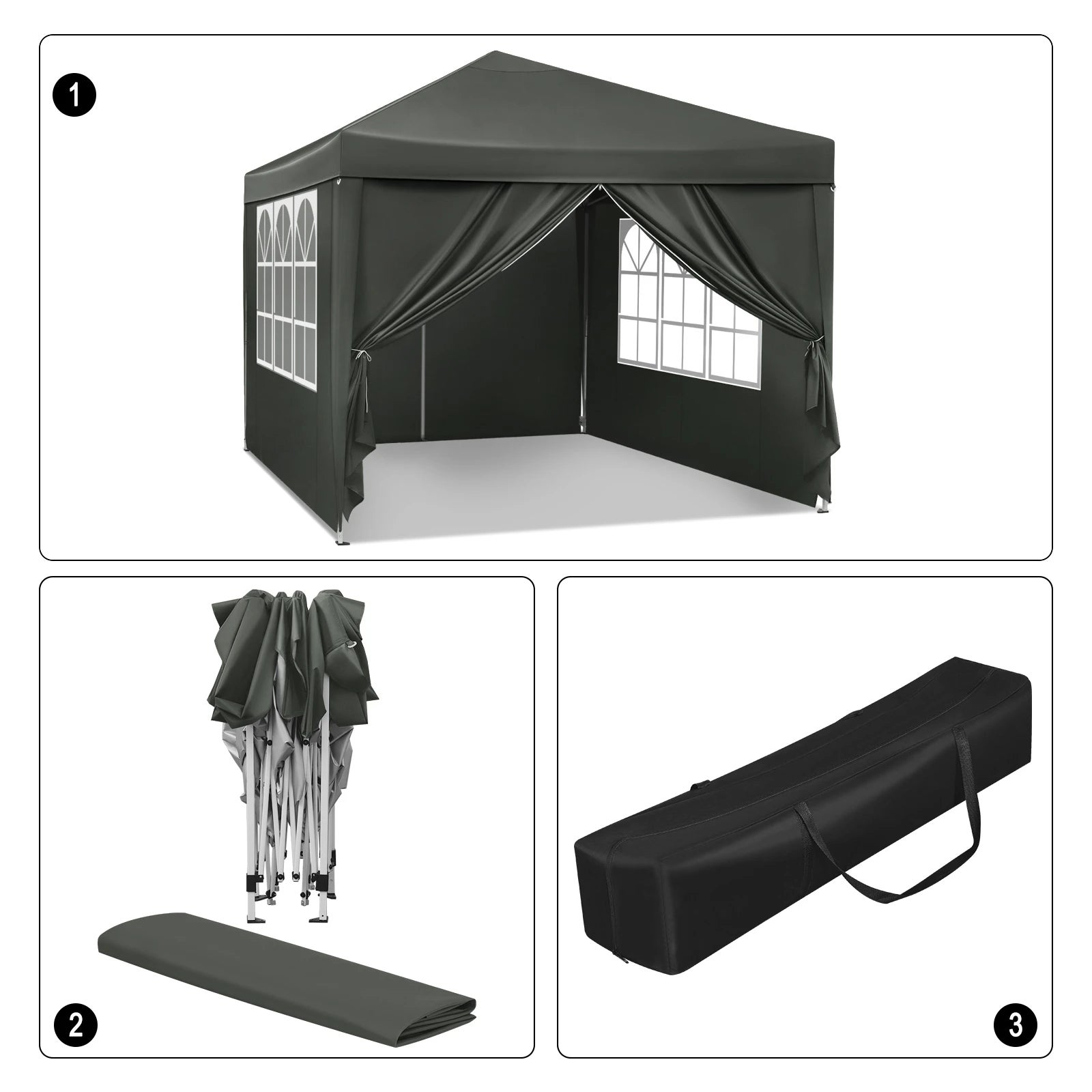 Carpa de jardín plegable de 3 x 3 m, impermeable, con protección solar UV y bolsa de transporte, para camping, cenador, parasol, gris/plateado - 5