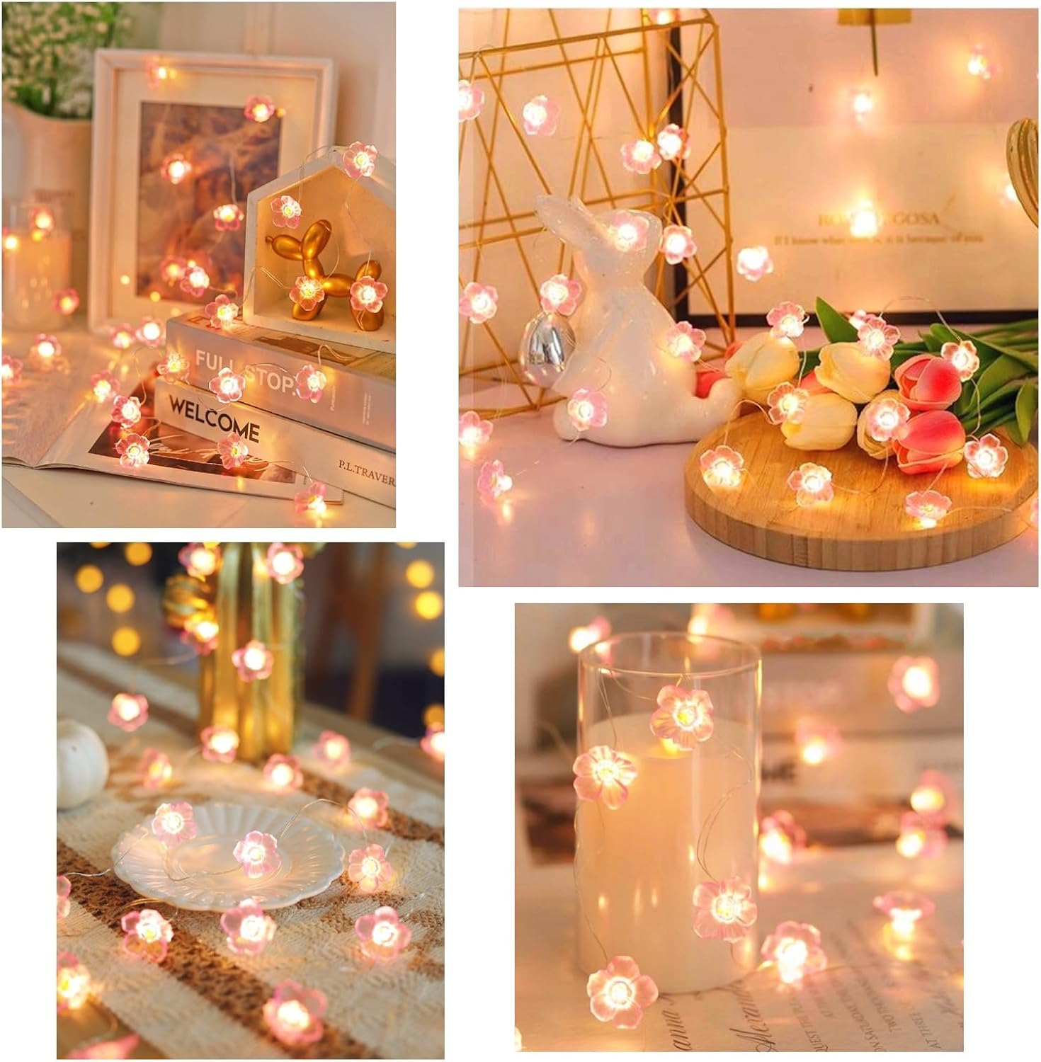 Guirlande lumineuse - 3 mètres, 30 LED - Guirlande lumineuse à fleurs de cerisier roses - Alimentée par piles - Lumière blanche chaude avec flash - 8