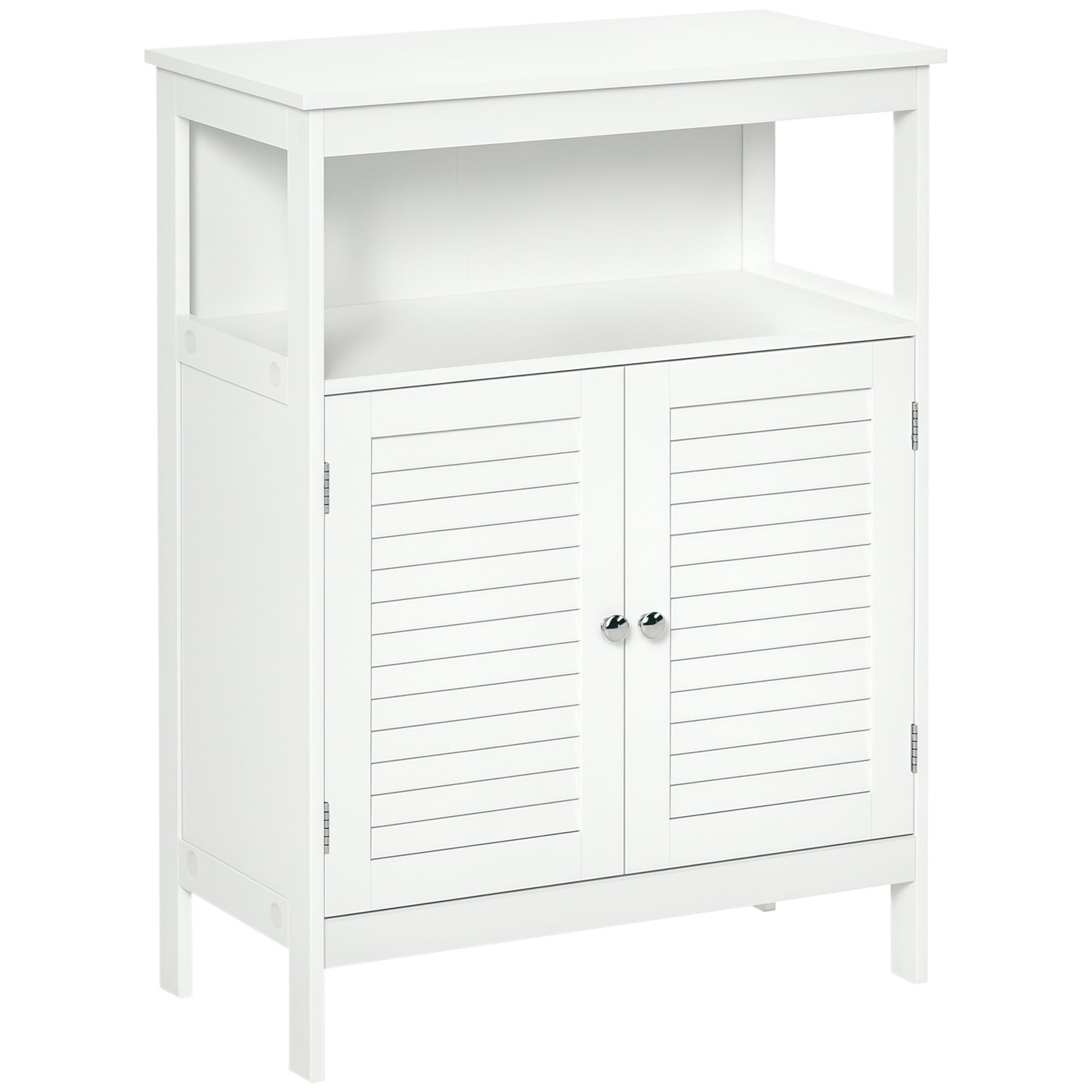 Bathroom storage unit cabinet with open storage shelf, freestanding floor cabinet organizer with 2 doors for living room kitchen entryway, white