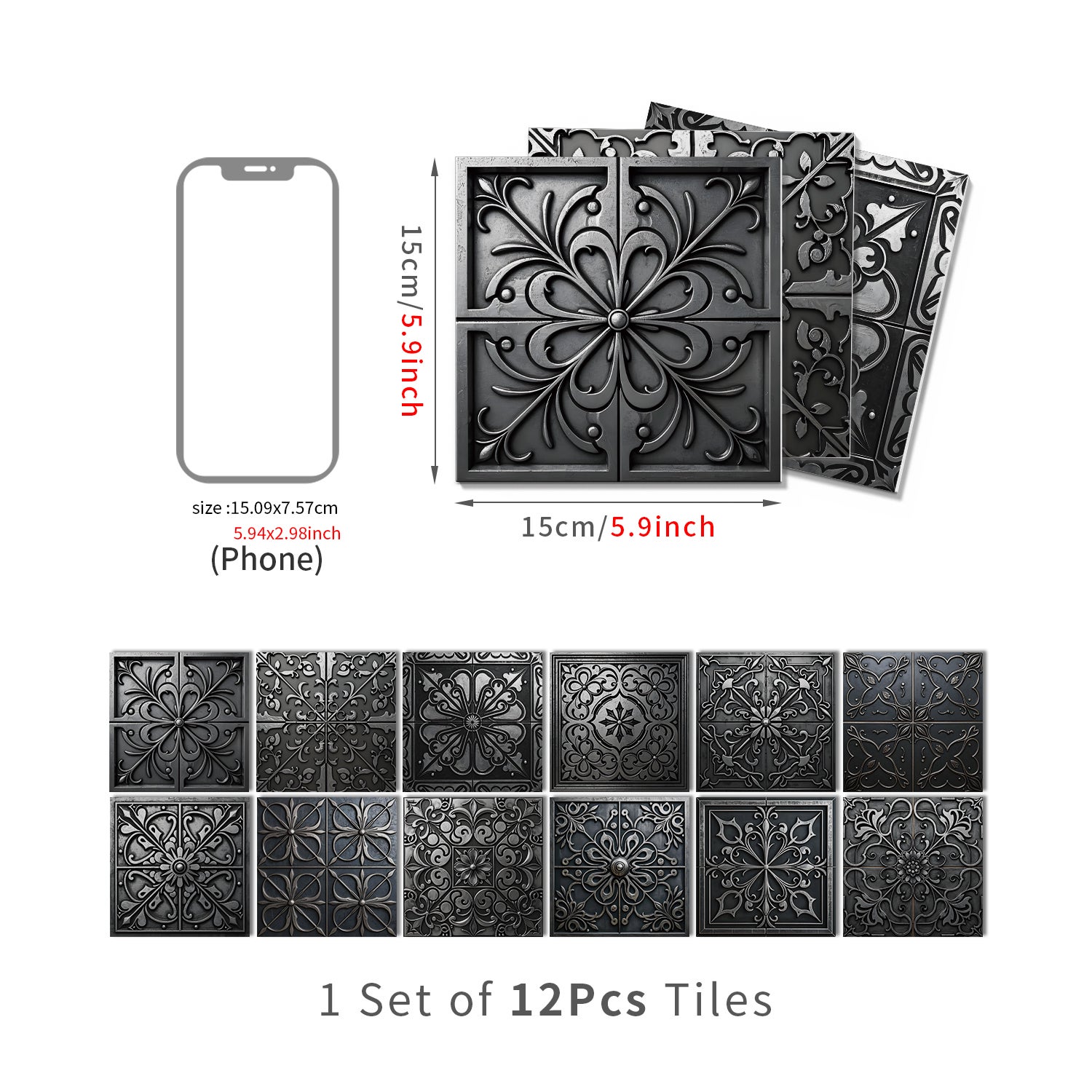Lot de 12 panneaux muraux 3D autocollants, Crédence adhésive, Autocollants décoratifs, Imperméables et résistants à la chaleur, 15 cm x 15 cm - 4
