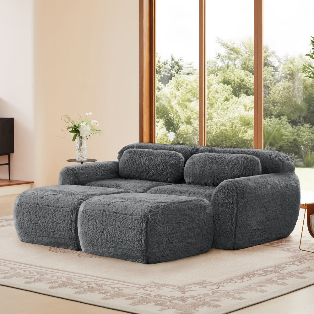 Sofa modułowa, pluszowa, z funkcją spania, z 2 pufami, 2-osobowa, szara