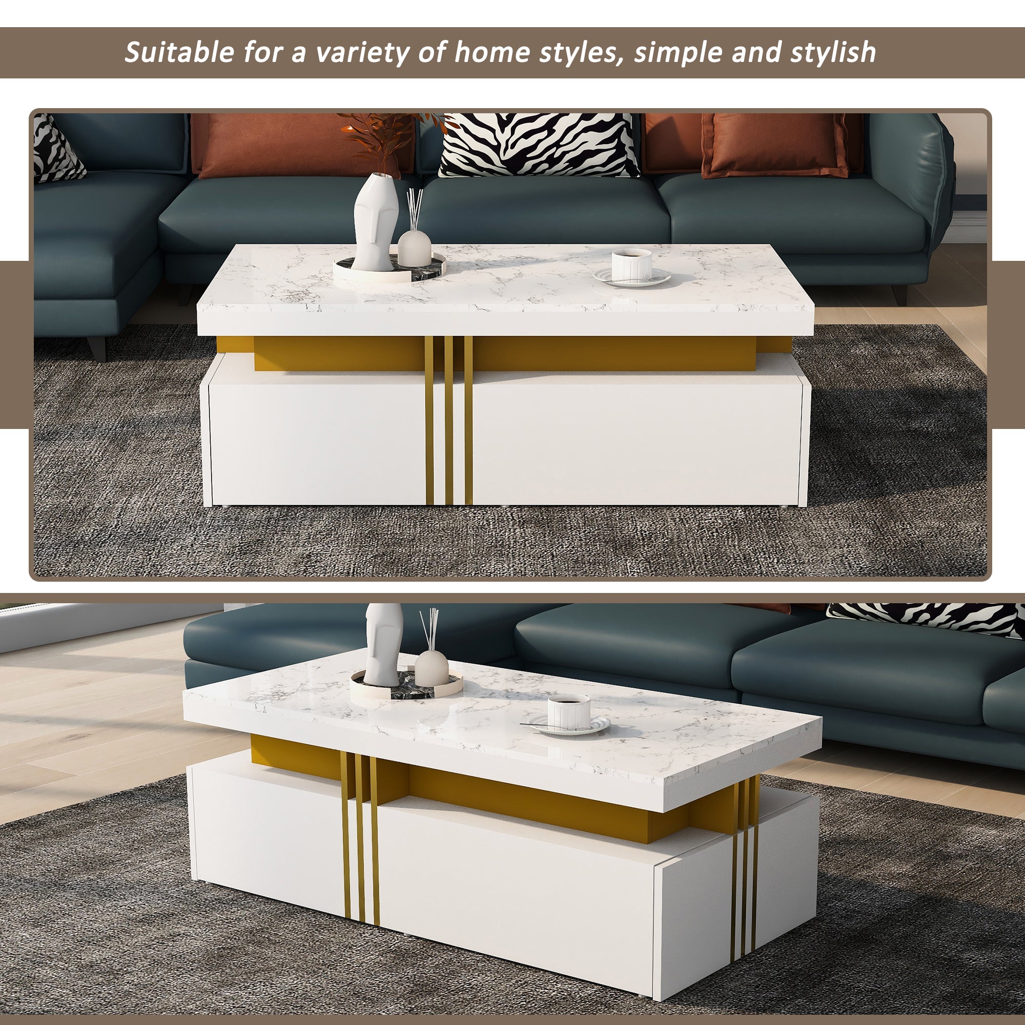 Table basse rectangulaire avec 2 tiroirs - 100x50x40 cm - panneaux de particules - plateau marbré, pour salon - blanc - 8