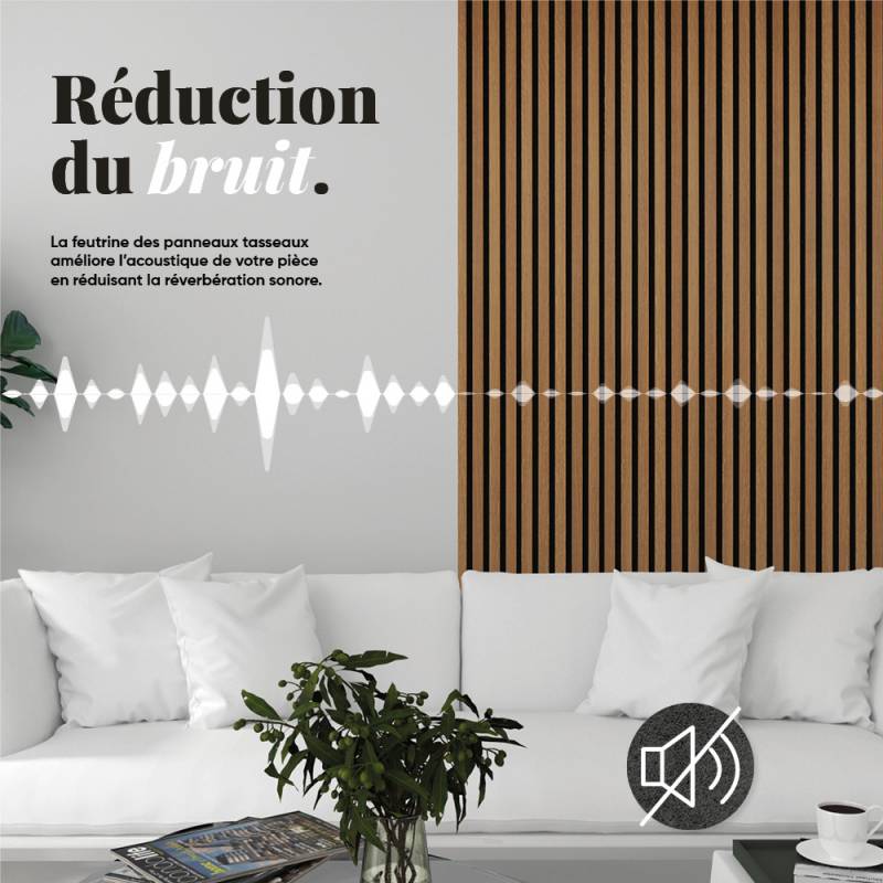 Panneau Mural acoustique tasseaux bois 120 x 30 x 1,9 cm - décor chêne foncé / feutrine noir - 0,36m² - 5