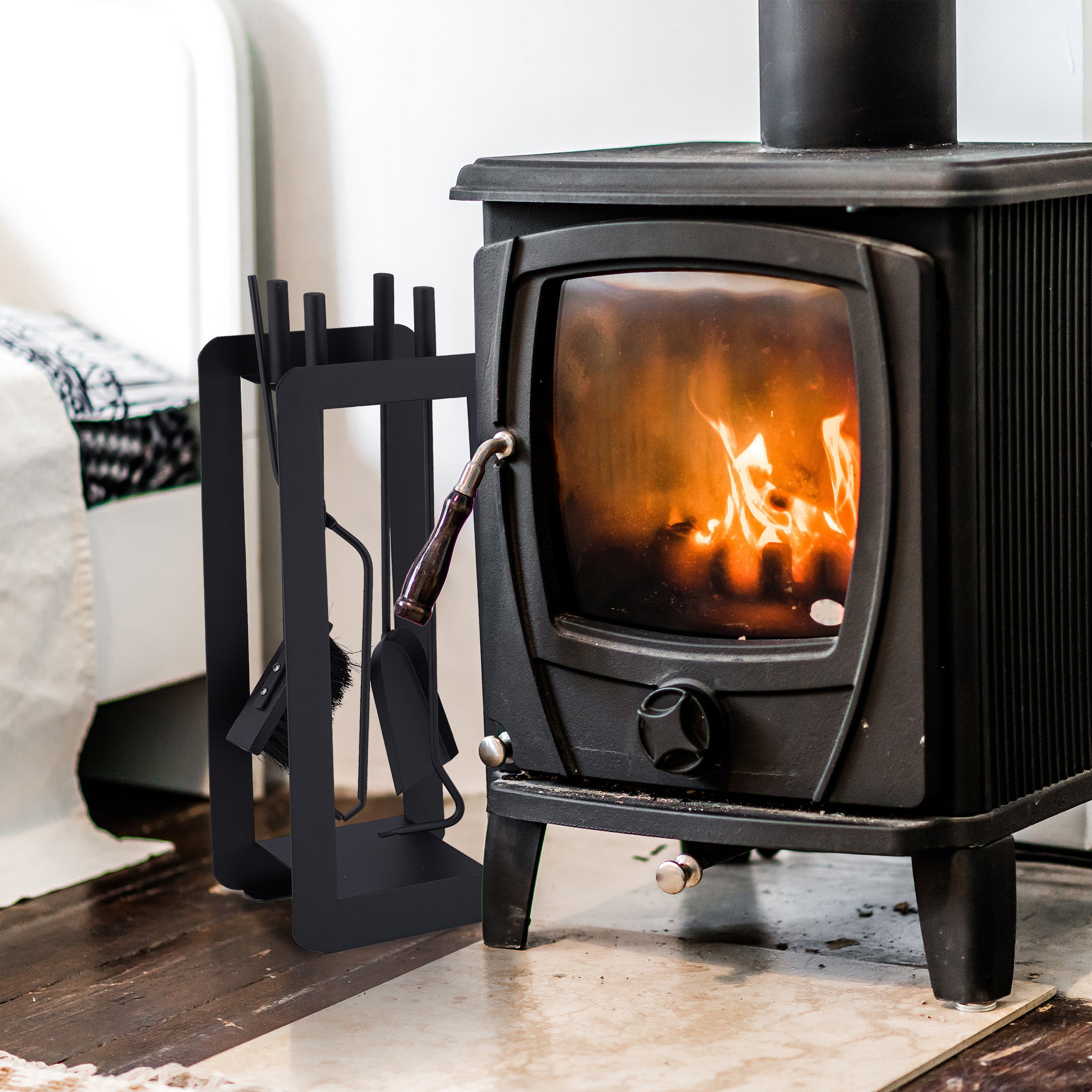 Serviteur de cheminée, moderne, 5 pièces : tisonnier, pelle à cendres, balai, pince et support, noir, Relaxdays - 2