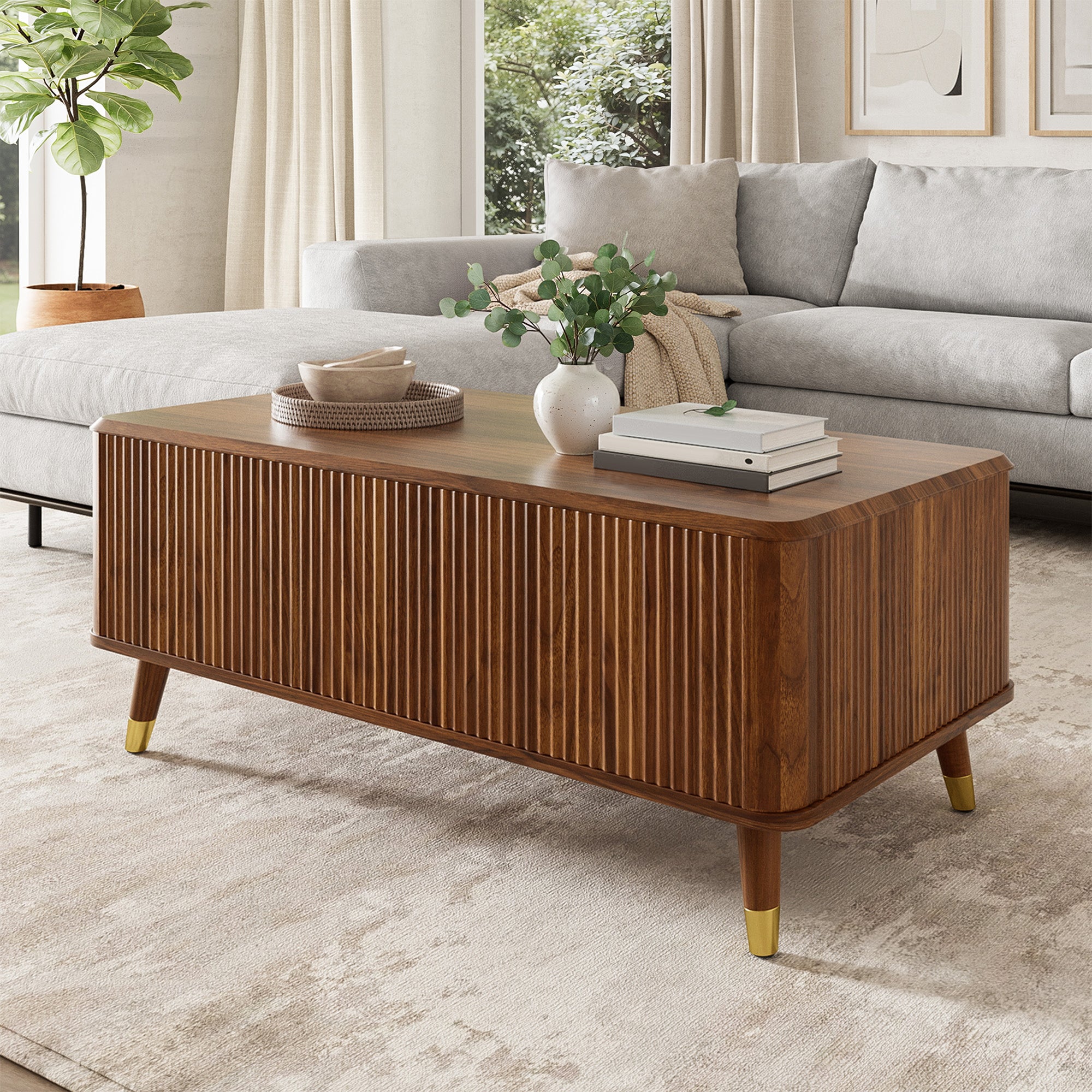 Table basse avec plateau relevable - 97 x 52 x 56,5 cm - MDF et bois massif - Noyer - Design rétro moderne à motif ondulé - 4