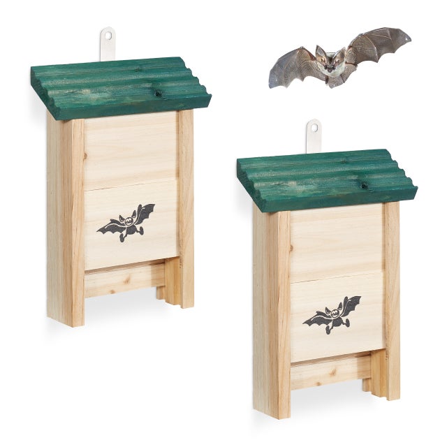 Nichoir/abri pour chauves‑souris, lot de 2, bois non traité, H x L x P : 25 x 18 x 6 cm, naturel/vert, Relaxdays