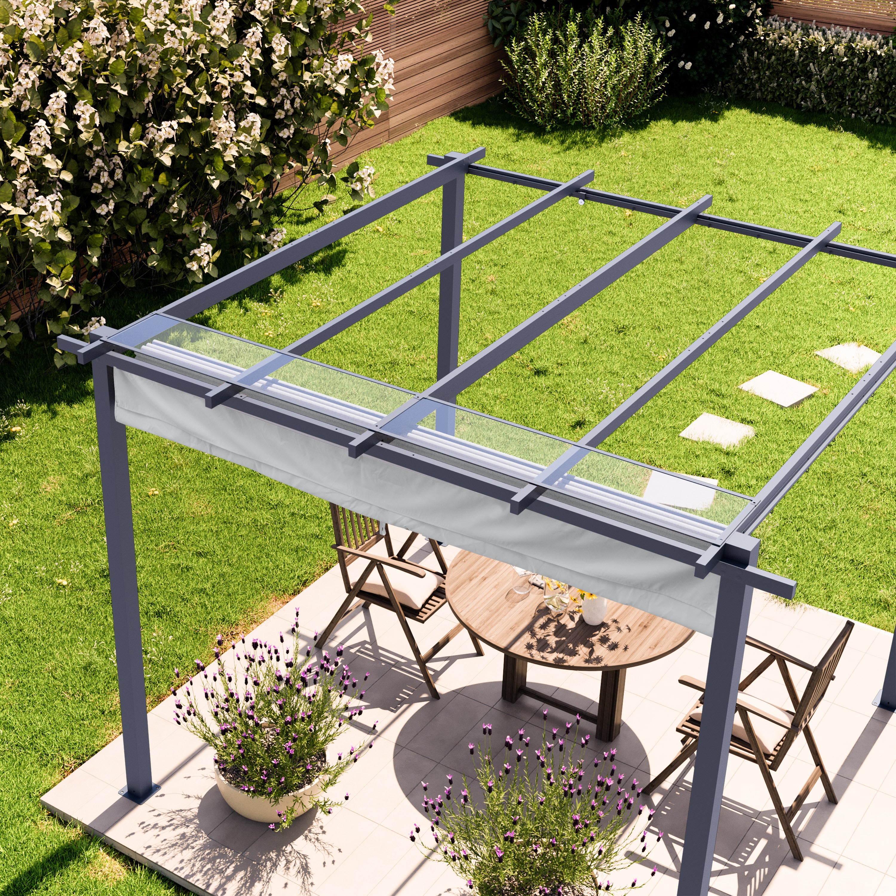 PRIMEYARD Pergola 3x3 m gazebo da giardino con tetto scorrevole grigio - struttura in acciaio - 5