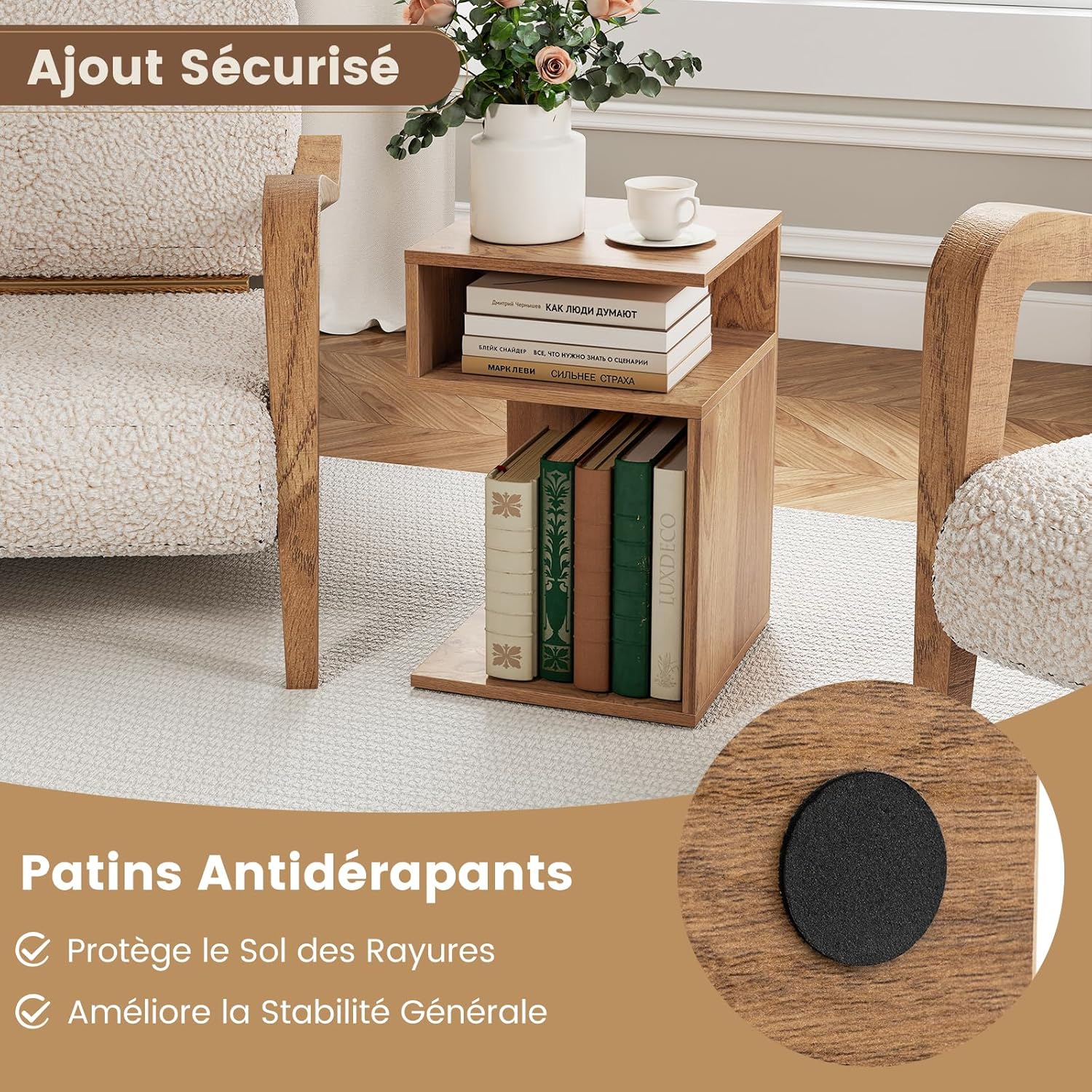 Table d'Appoint en Forme S, Bout de Canapé Salon avec 2 Casiers Ouverts, 3 Étagères Design Géométrique Compacte,pour Salon, Chambre, Naturel - 8