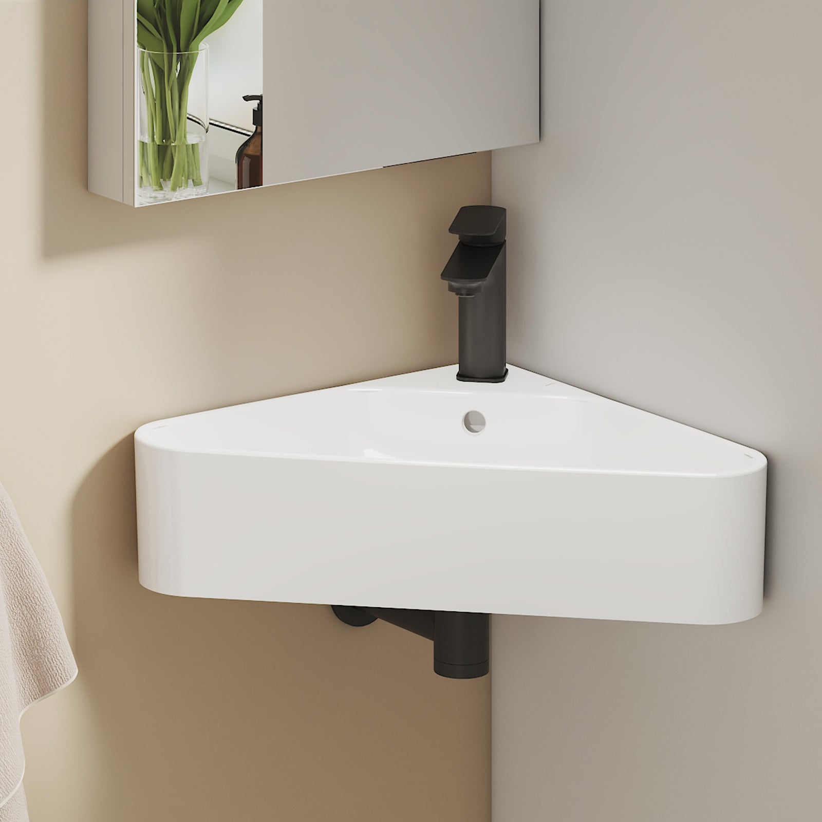 EMKE Umywalka ścienna trójkątna z ceramiki 56 x 34 x 13 cm, z otworem na baterię i przelewem, biały połysk