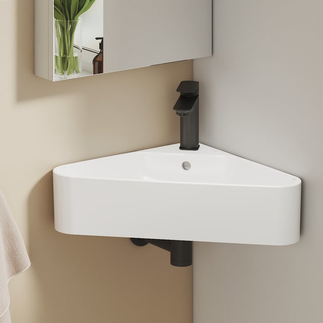 EMKE Lavabo mural triangulaire en céramique 56 x 34 x 13 cm, avec trou de robinet et trop-plein, blanc brillant