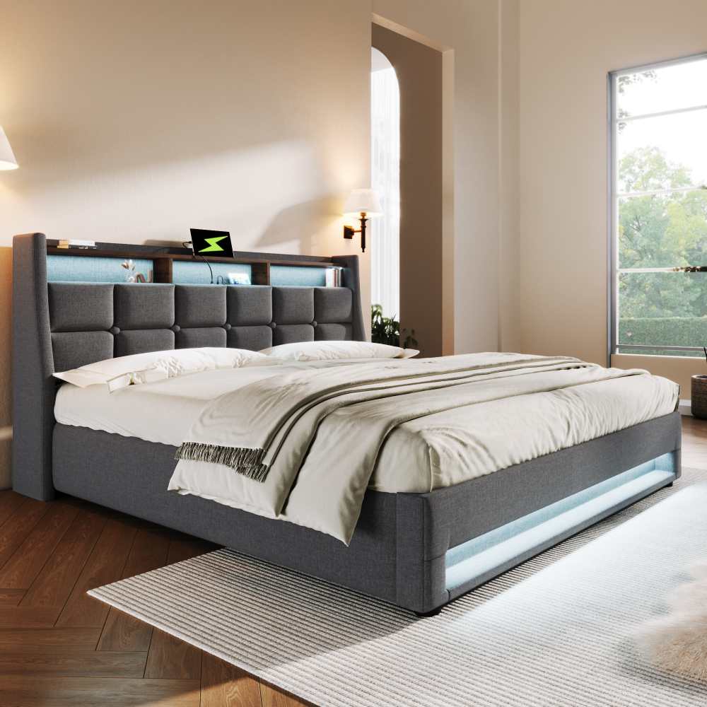 Łóżko tapicerowane z USB 180 x 200 cm, podwójne łóżko LED z metalową ramą i listwami, rama łóżka z lnu Łóżko młodzieżowe (bez materaca) - 8