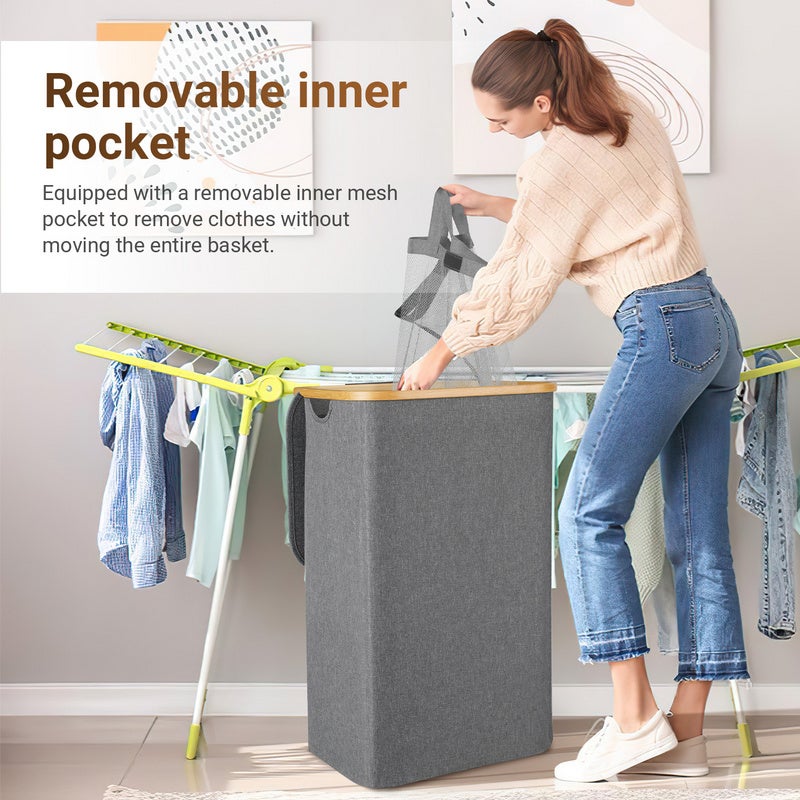 Panier à linge gris, 57 x 37 x 75 cm, avec couvercle et poignées - 4