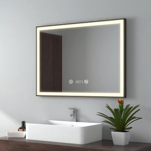 EMKE Miroir lumineux salle de bain 80x60cm, Cadre noir, Miroir LED avec Interrupteur Tactile, Anti-buée, Horloge et Température, Lumière Neutre