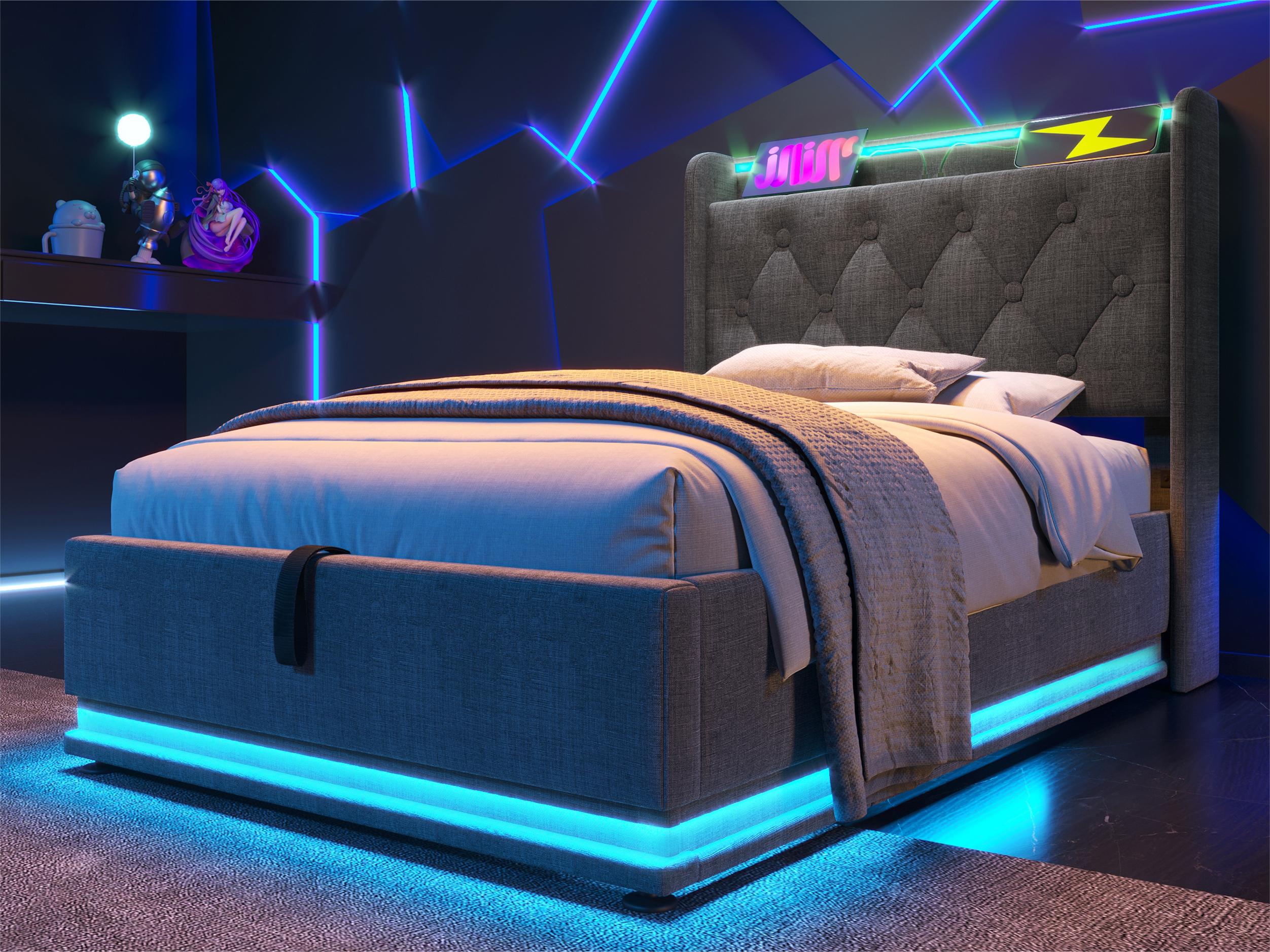 Łóżko skrzyniowe 90x200cm w pościeli - z diodami LED oraz gniazdami USB i Type-C - Szare