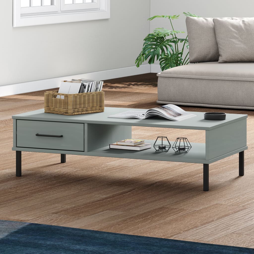 Meuble TV En Pin Massif Oslo - 106x40x46.5 Cm, 2 Tiroirs, Pieds Métal Gris, Style Scandinave