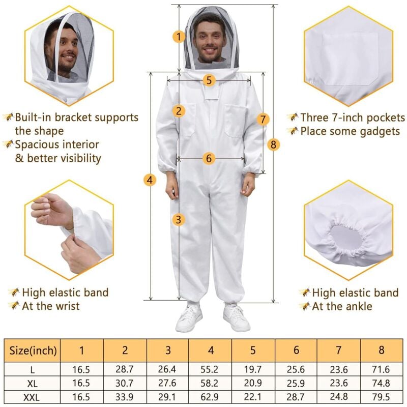 Combinaison Apiculteur en Tissu Épais et Coton de haute qualité, Fermeture Éclair robuste, Gants en Cuir, Capuche Amovible XL - 3