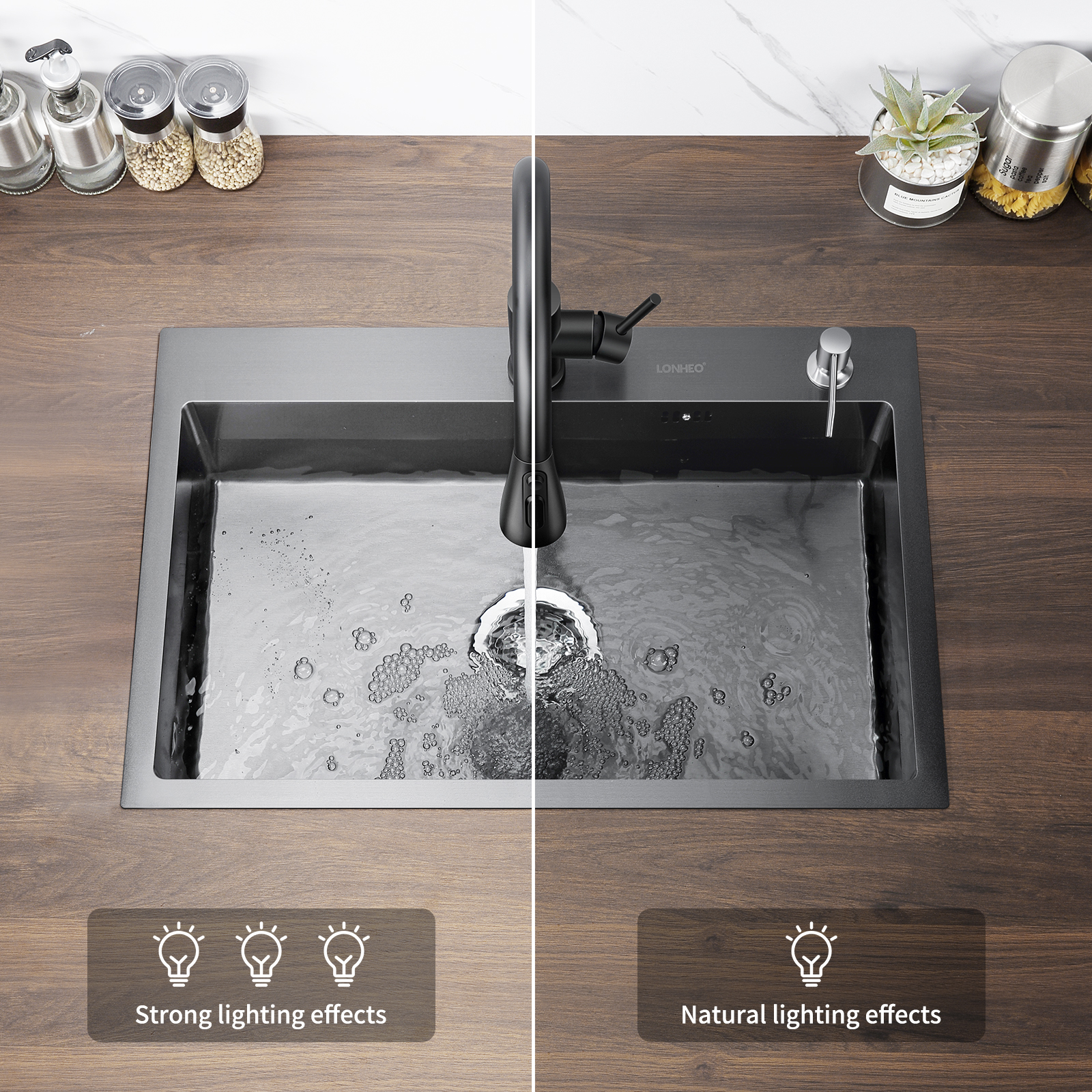 Lonheo Max Évier Cuisine 1 Bac 68x45x19CM Évier à Encastrer en Acier Inox 201 avec Distrubuteur de savon et Égouttoir panier, Noir,EU Modèle - 9